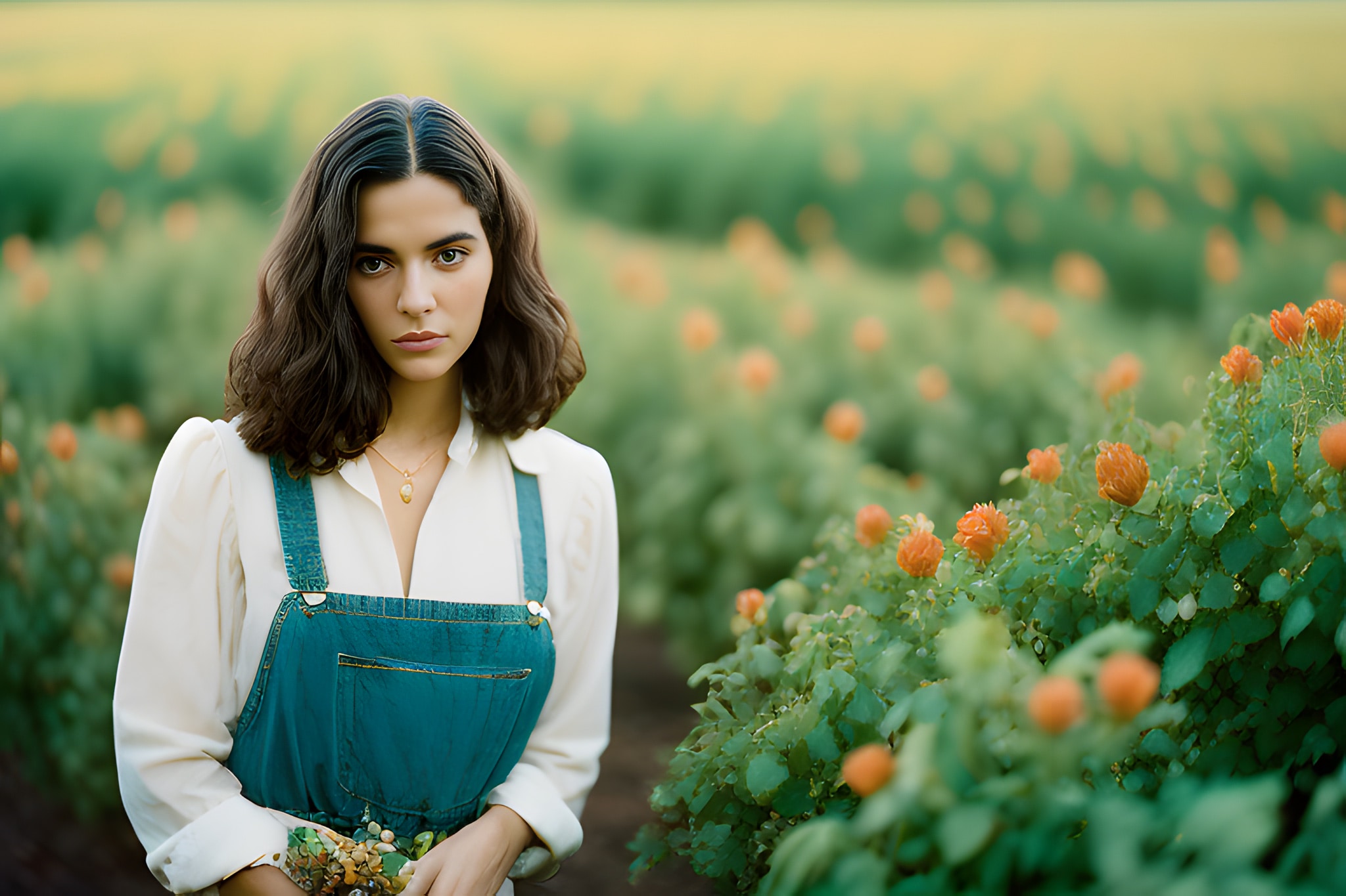 Woman in overalls standing in a field of orange flowers.