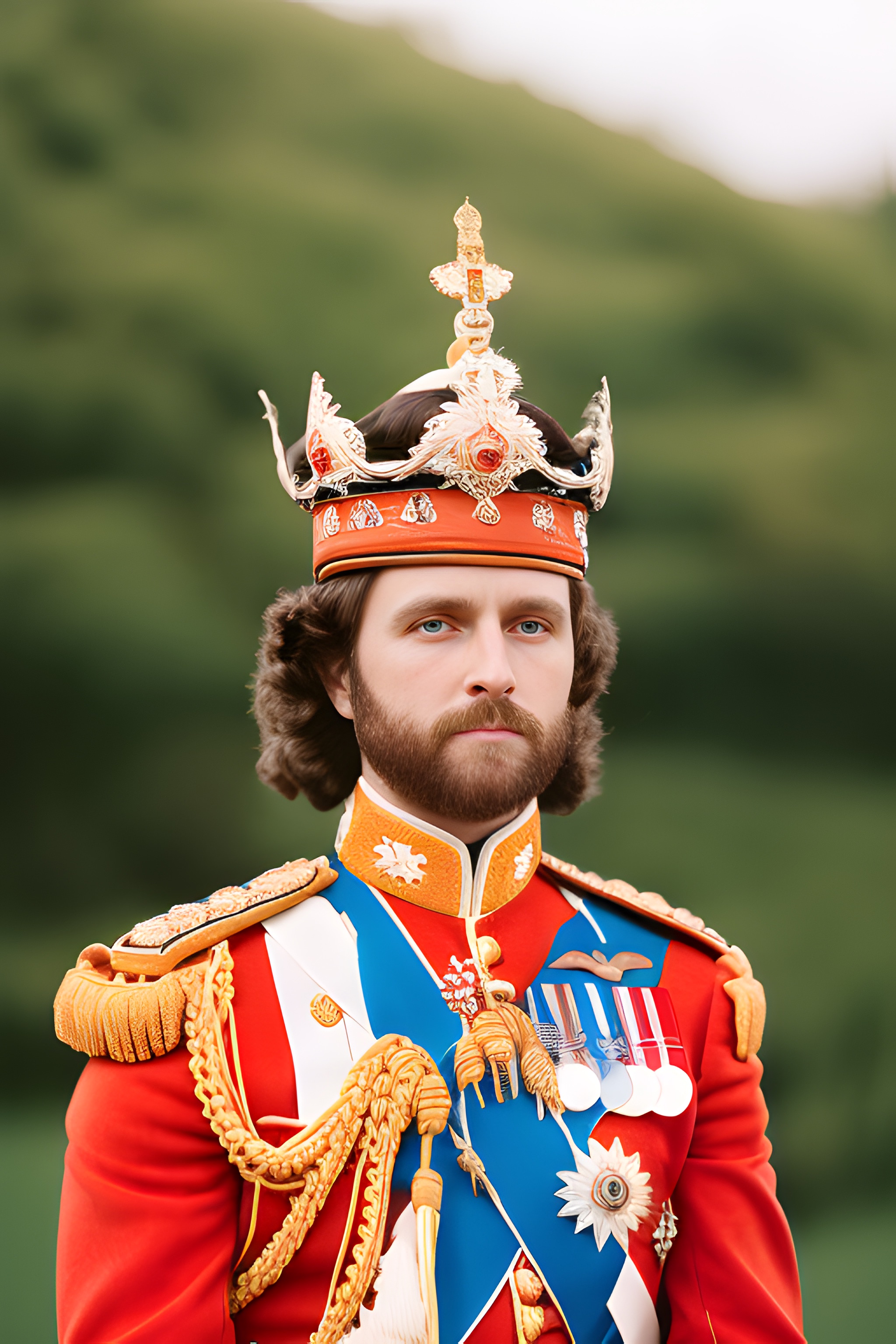 Portrait of a man in a red and blue king's uniform and crown.