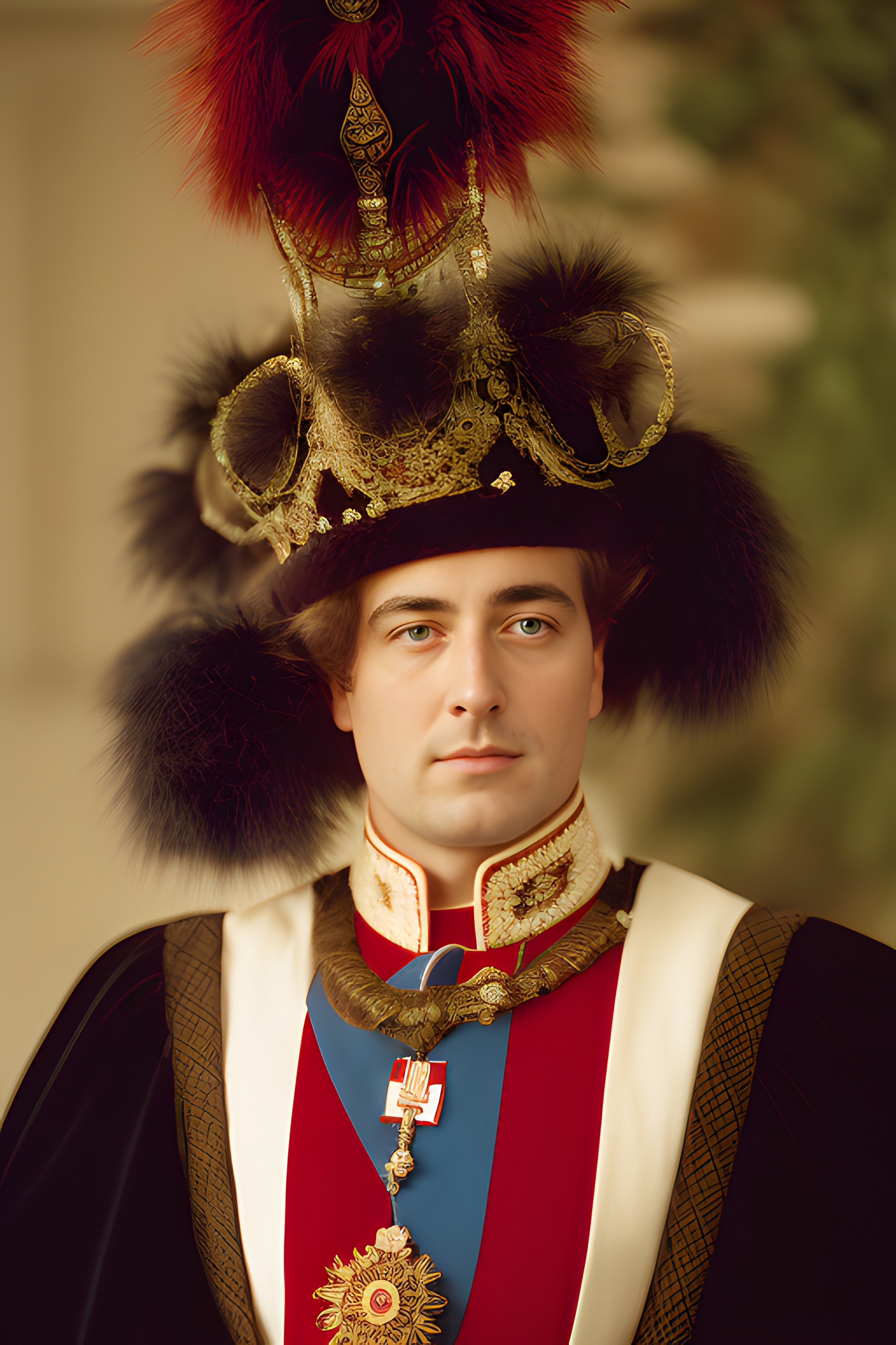 Portrait of a young man in a British monarch's ornate red and gold robe and elaborate feathered hat.