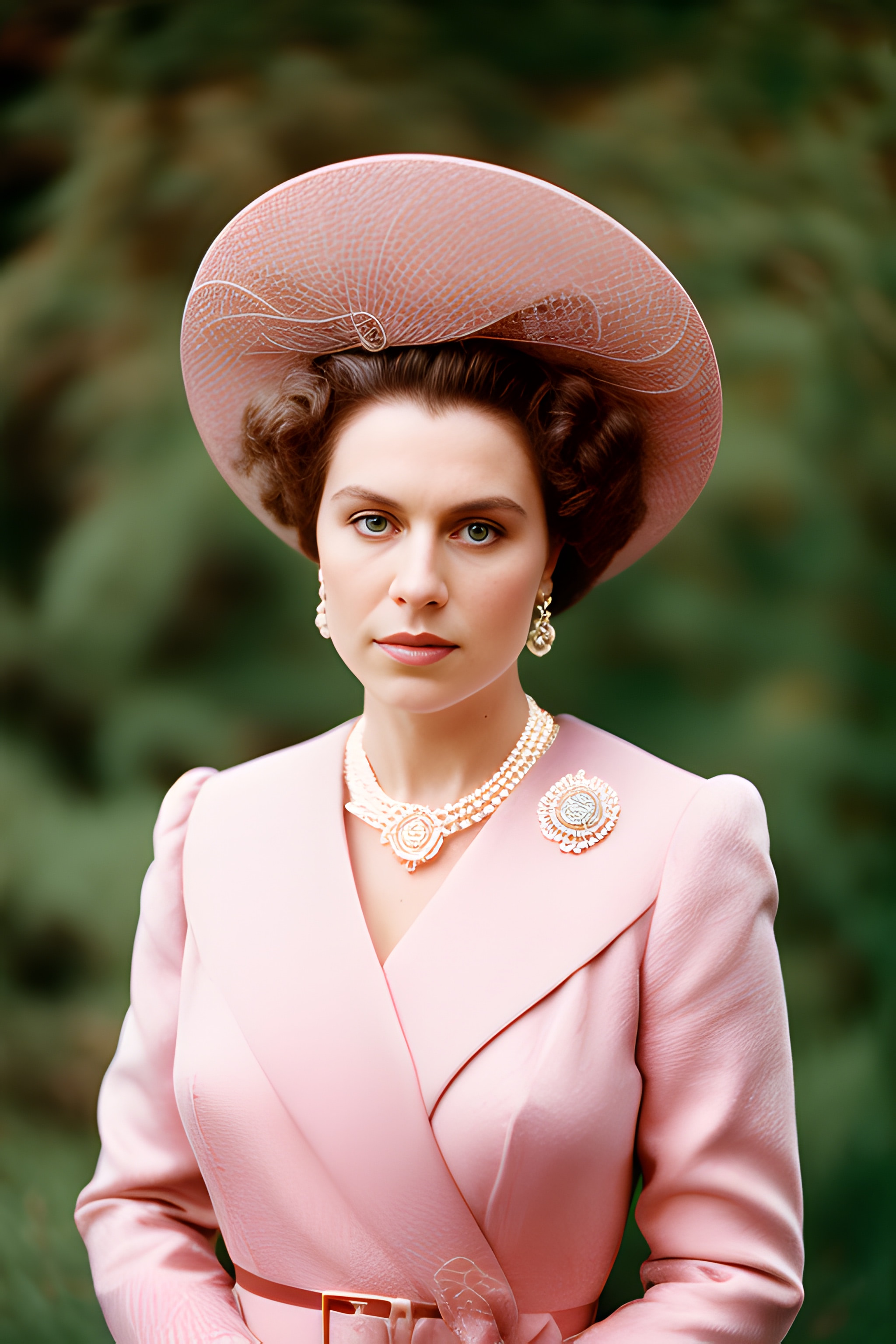 Portrait of a woman in a pink suit and hat, wearing pearls and a brooch.