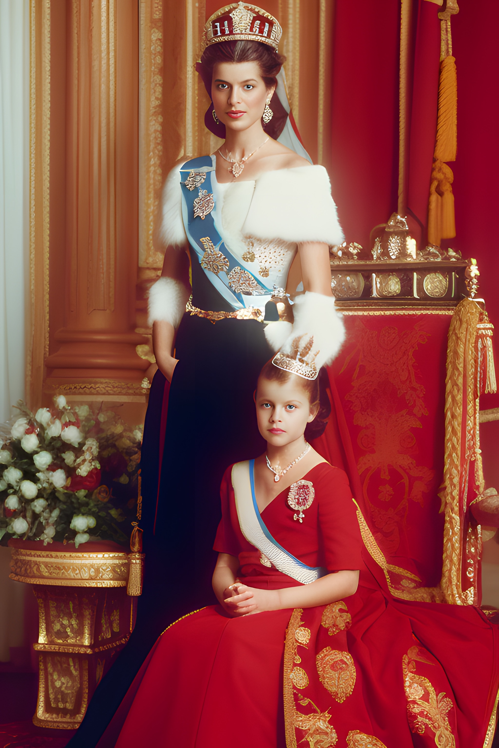 Portrait of a queen in royal attire with a young girl in a red dress.