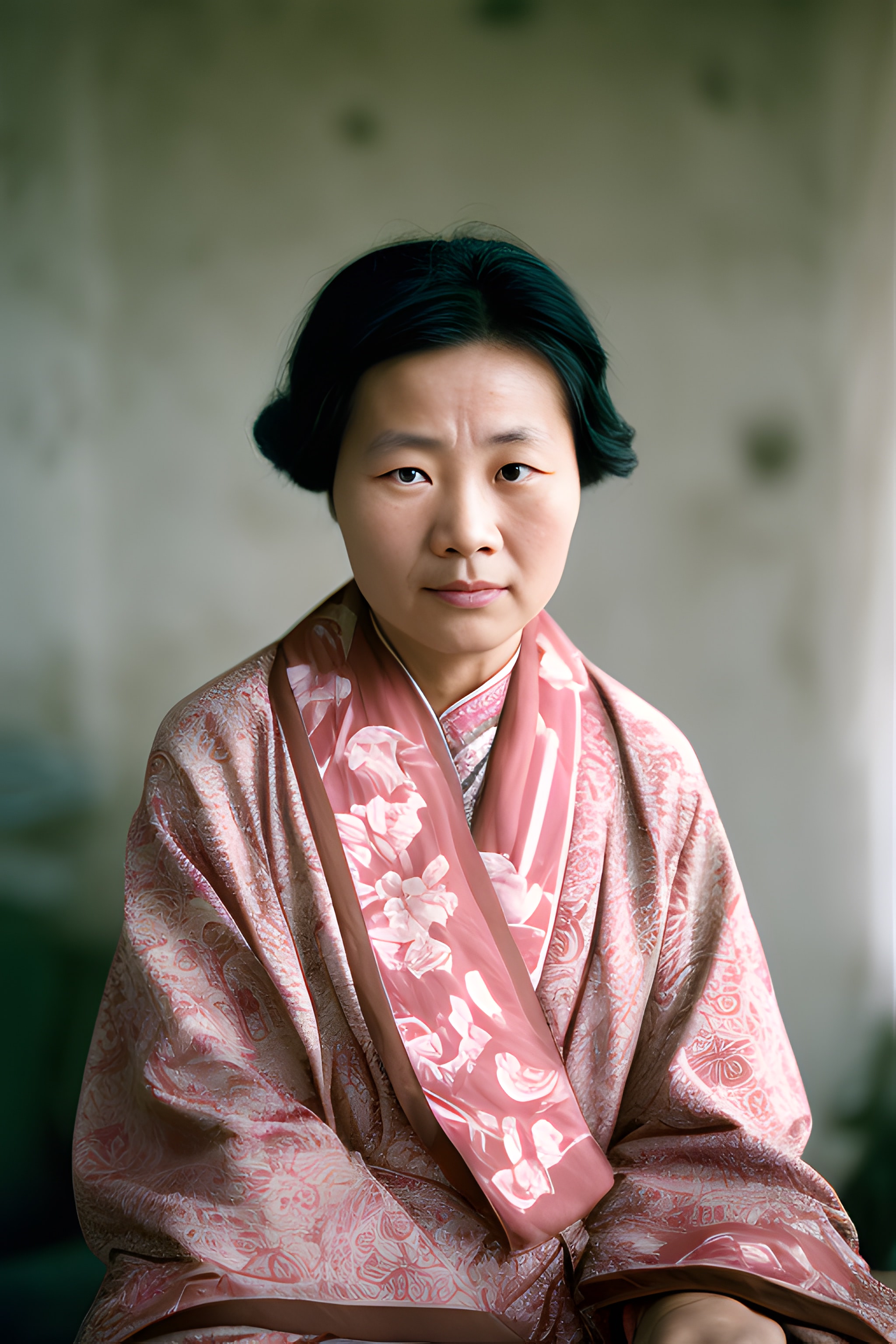 Portrait of a Chinese woman wearing a pink patterned robe.