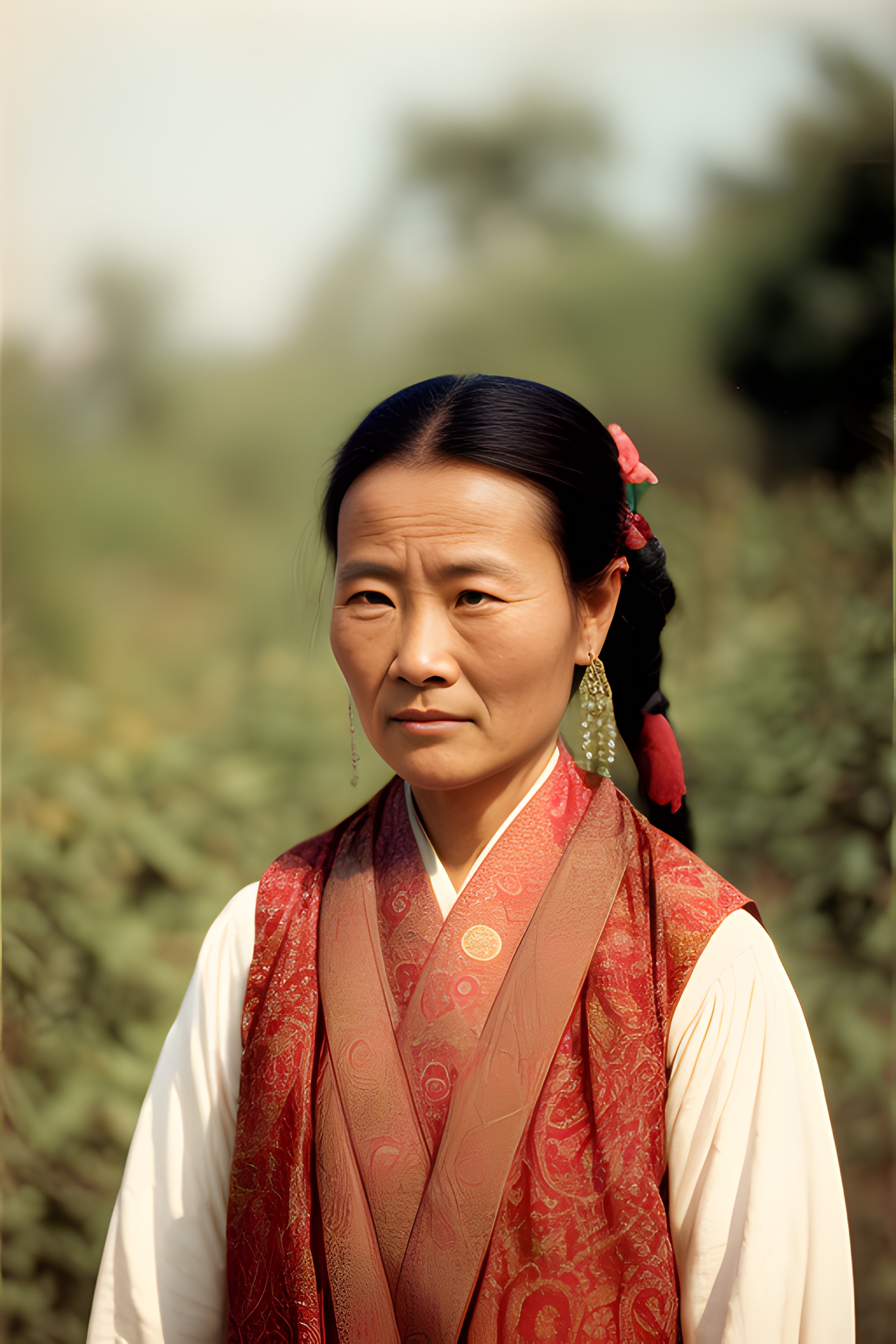 Portrait of a Chinese woman wearing a red patterned robe.