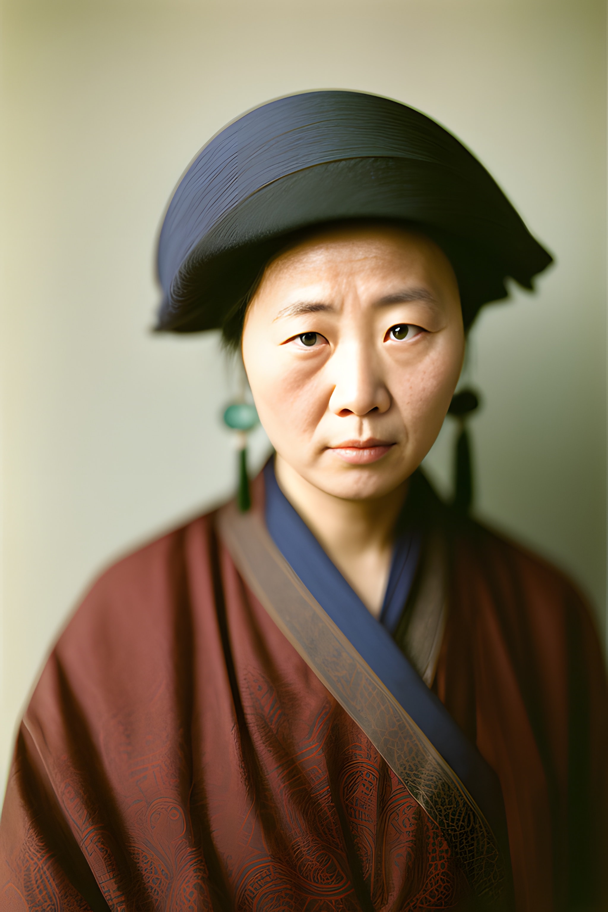 Portrait of a woman wearing a dark hat and patterned maroon robe.