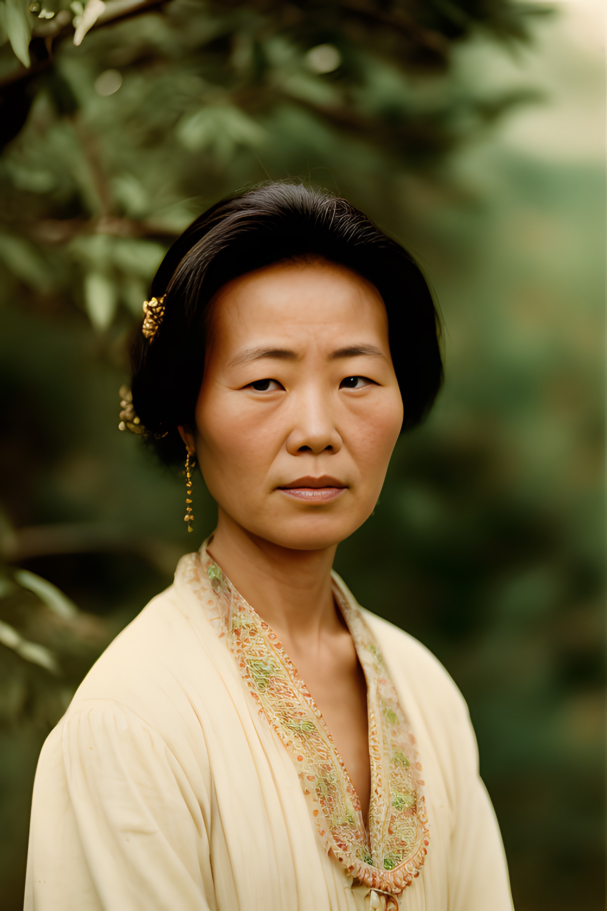 Close-up portrait of a Chinese woman wearing a light beige embroidered robe and gold earrings.