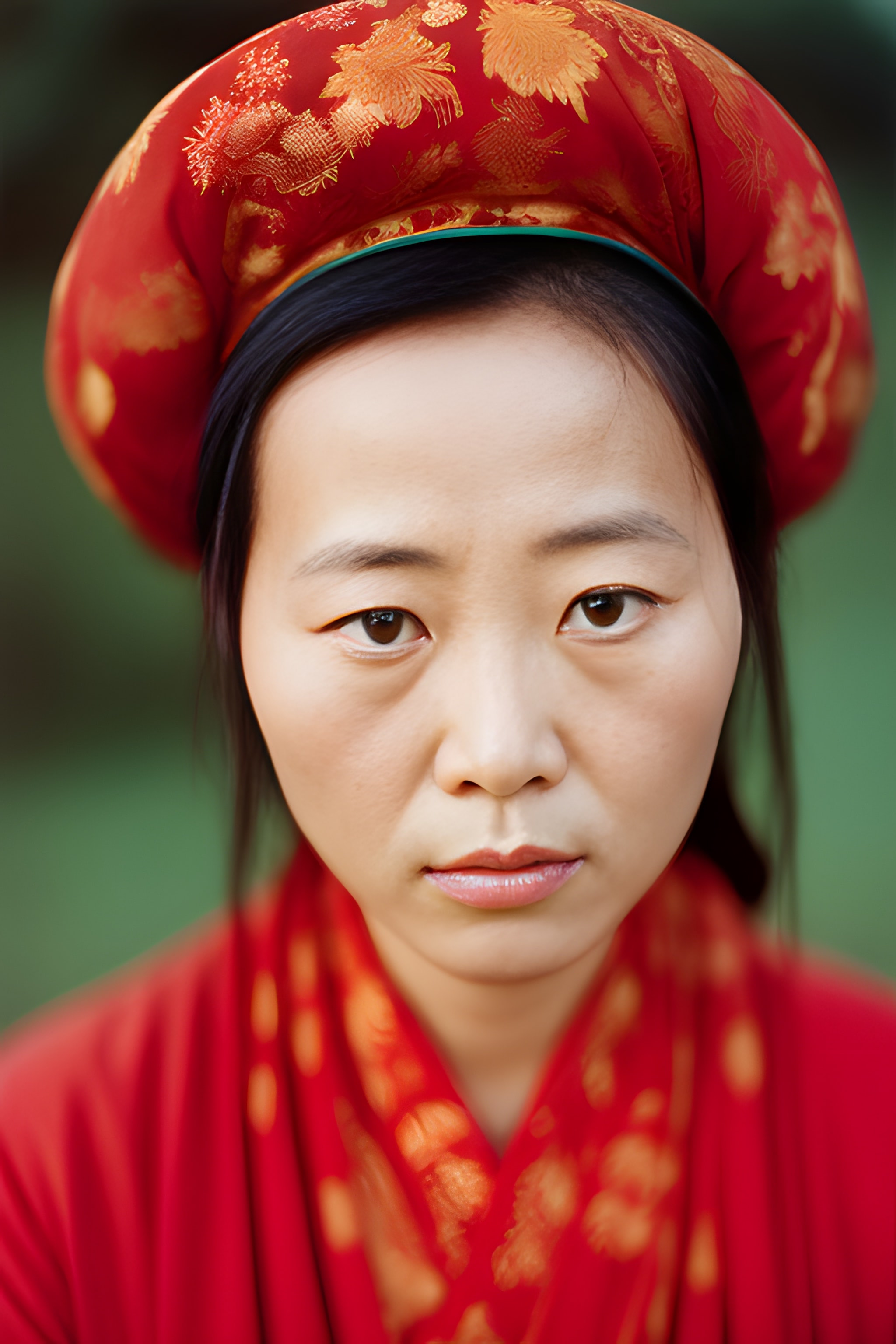 Close-up portrait of a young Chinese woman wearing a red traditional hat and dress.