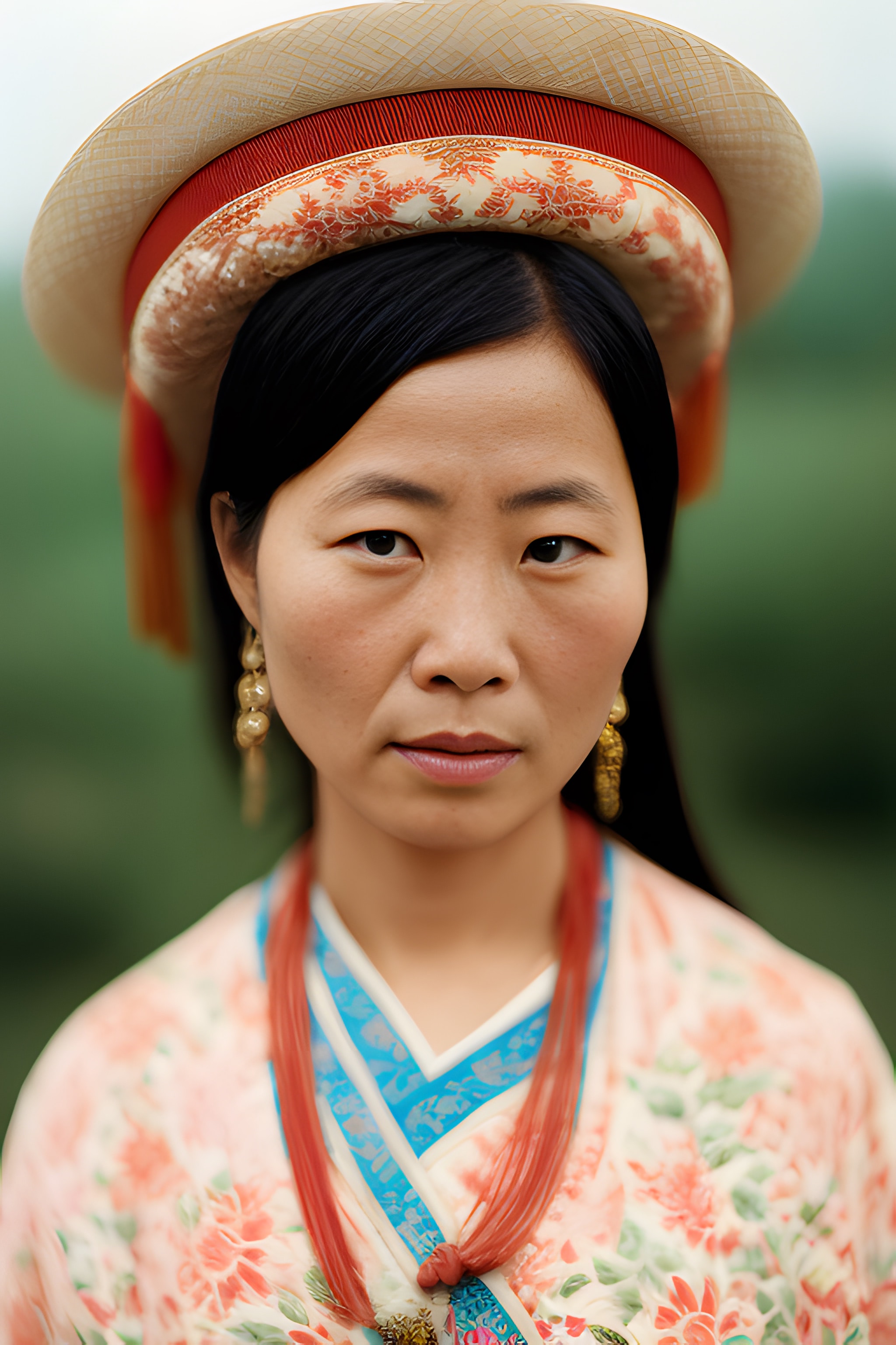 Close-up portrait of a young Chinese woman wearing a traditional ornate hat and floral dress.