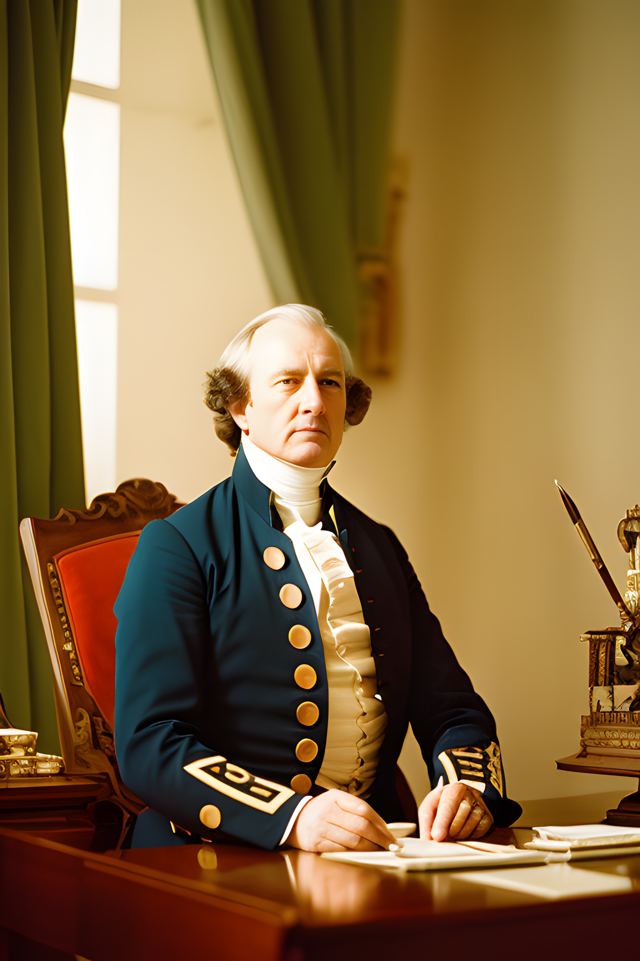 Portrait of a general in a dark blue uniform, seated at a wooden desk, writing.