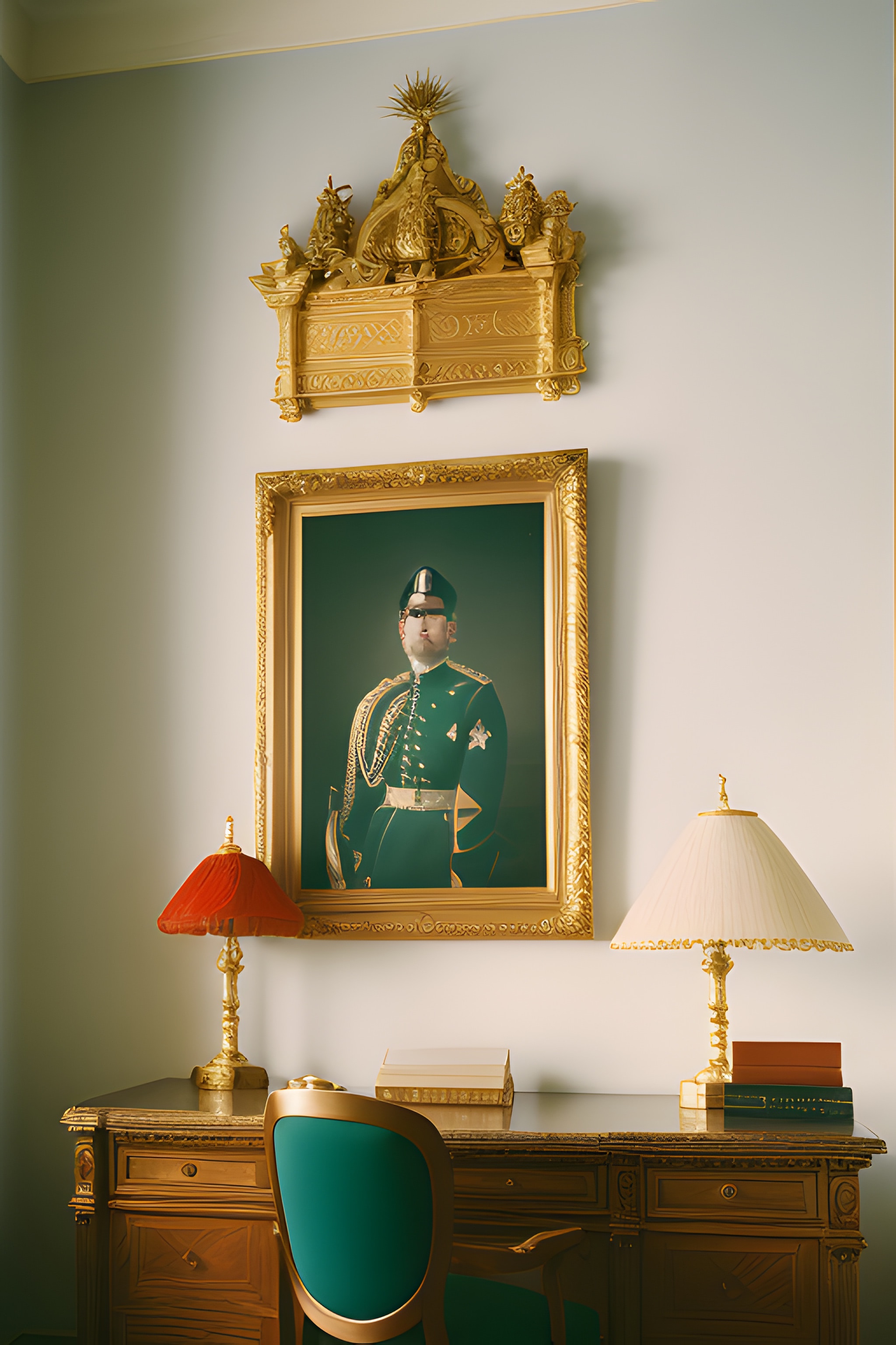 Ornate gold desk with portrait of general in uniform, and lamps.