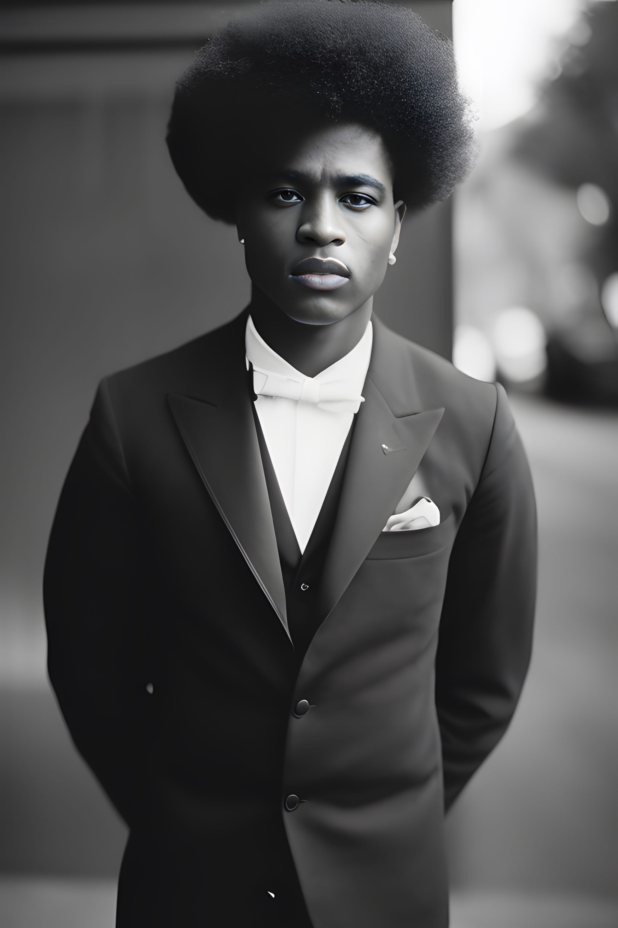 Black and white portrait of a young Black man in a tuxedo.