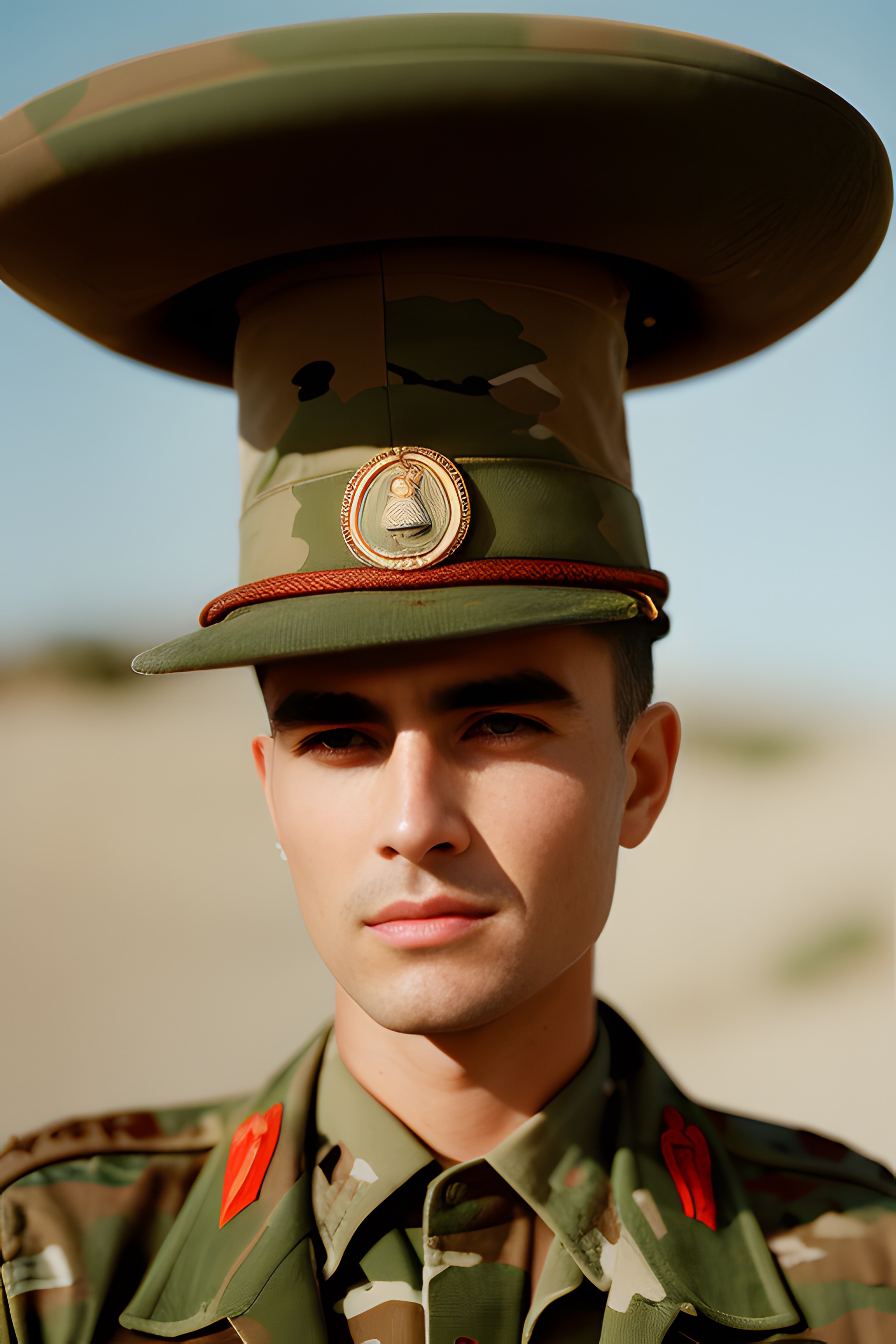 Close-up portrait of a soldier in a camouflage uniform and large, unusual hat.