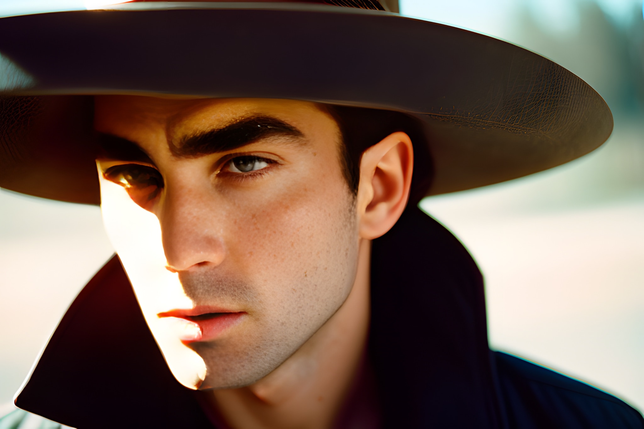 Close-up portrait of a man wearing a wide-brimmed hat.