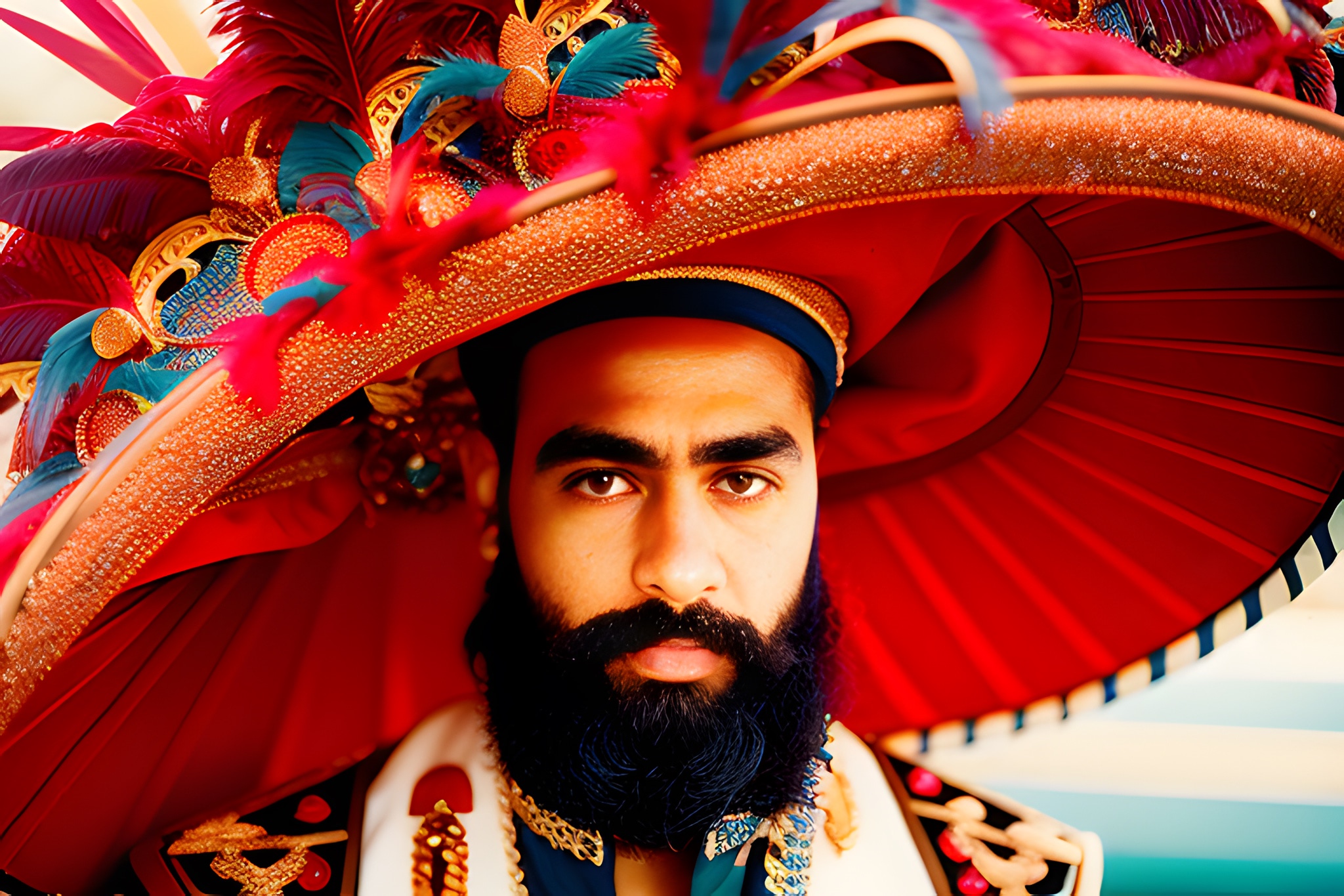 Close-up portrait of a man with a beard wearing a large, ornate red hat with feathers.