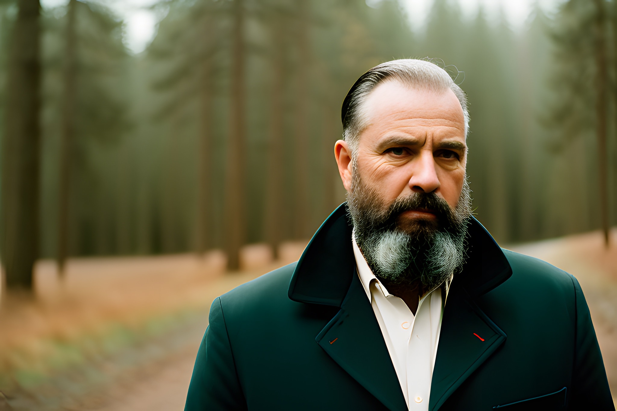Portrait of a man with a beard, wearing a dark coat, in a forest.