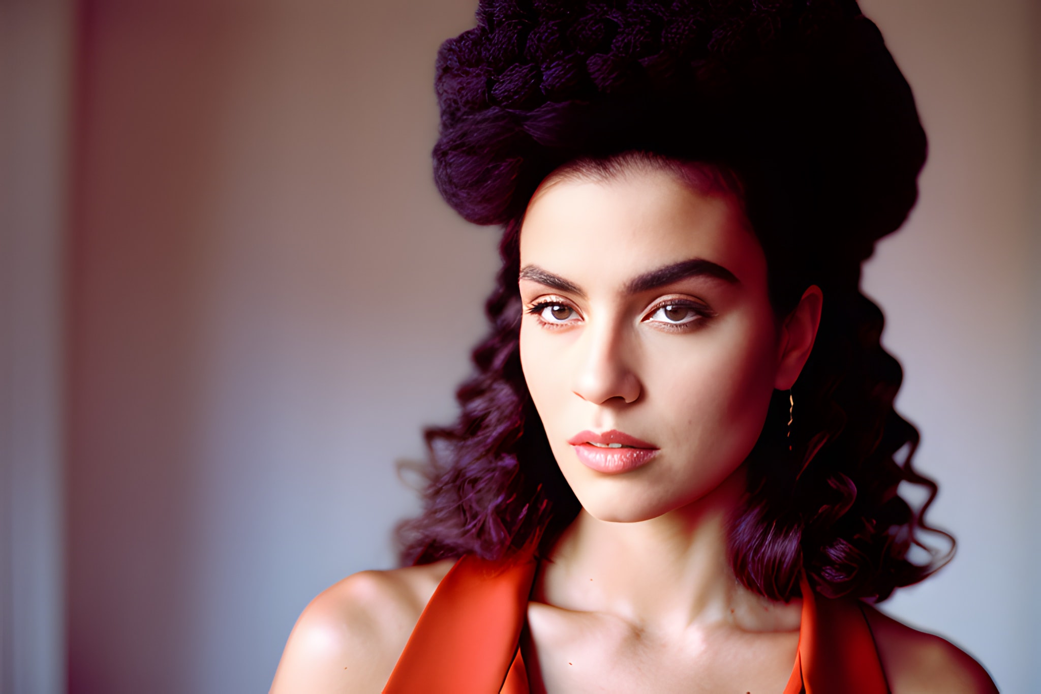 Close-up portrait of a woman with dark, curly hair styled up, wearing a red dress.