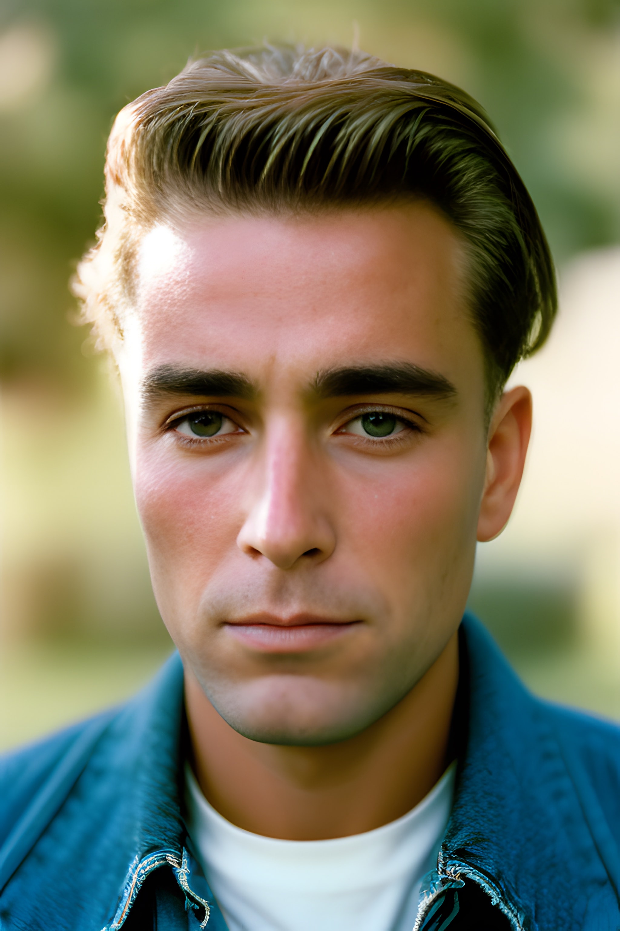 Close-up portrait of a man with light brown hair and green eyes, wearing a denim jacket.