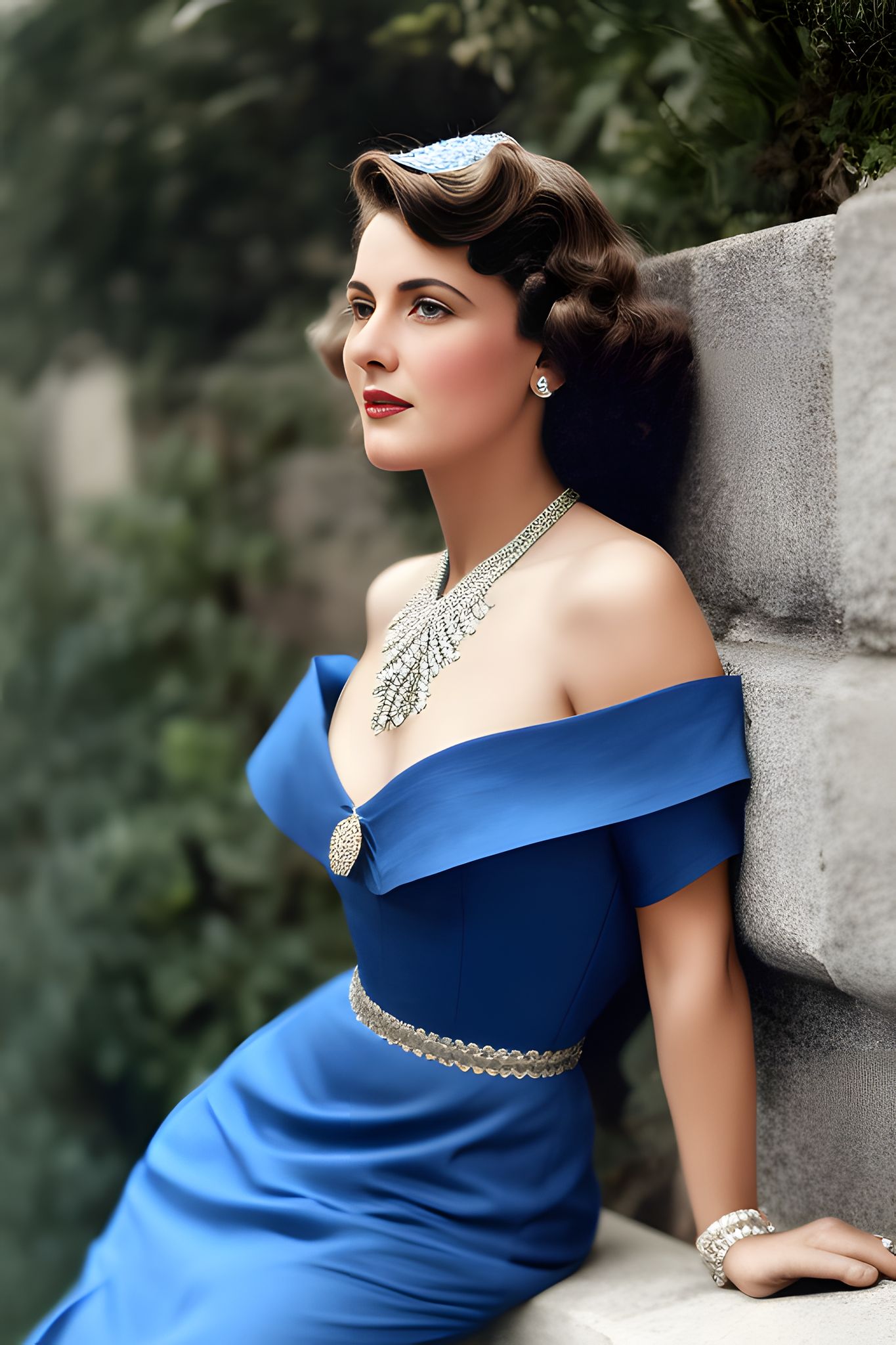 Portrait of a woman in a blue off-the-shoulder gown and sparkling jewelry.