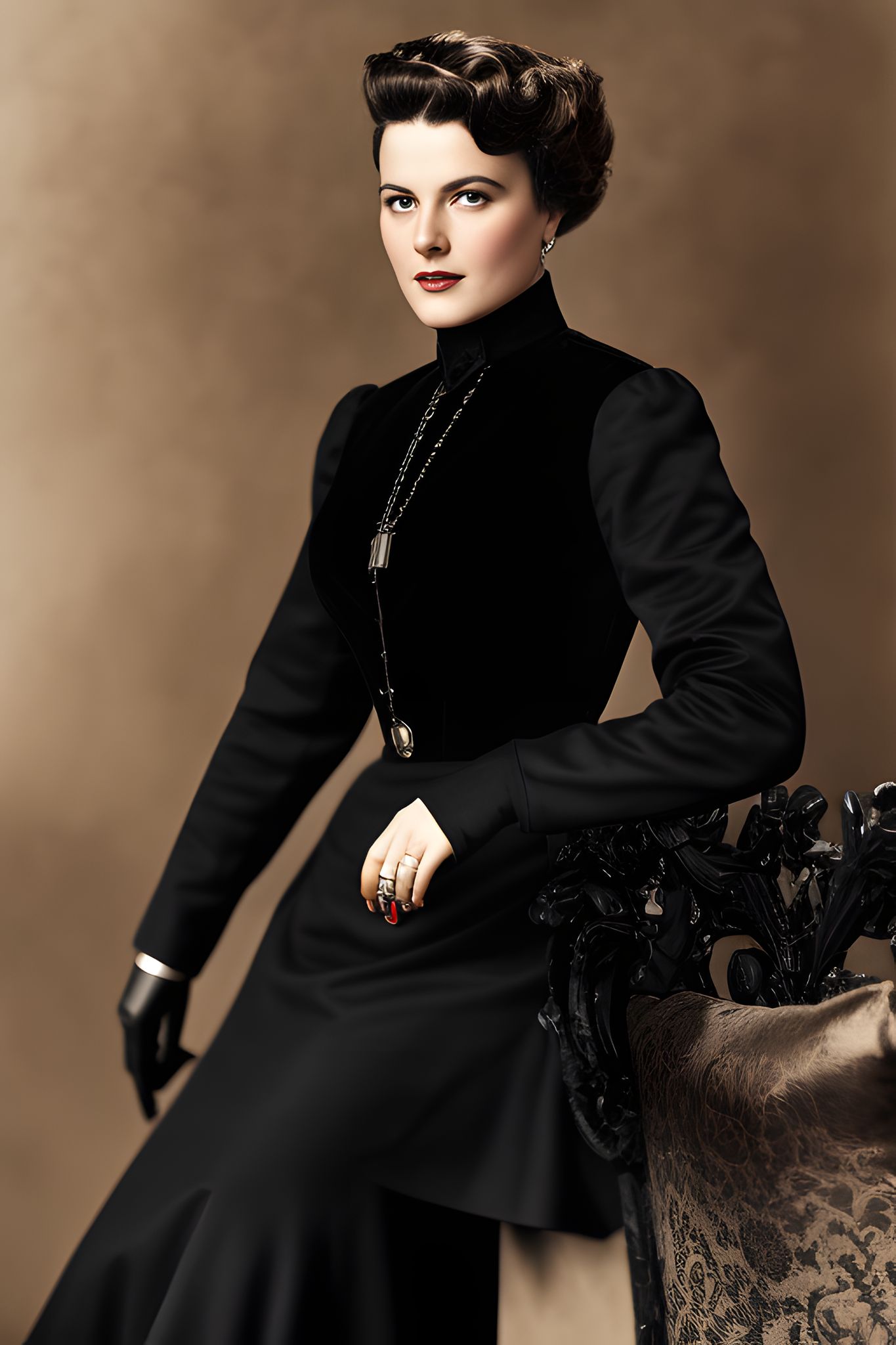 Portrait of a woman in a black velvet dress and jewelry, seated next to an ornate chair.