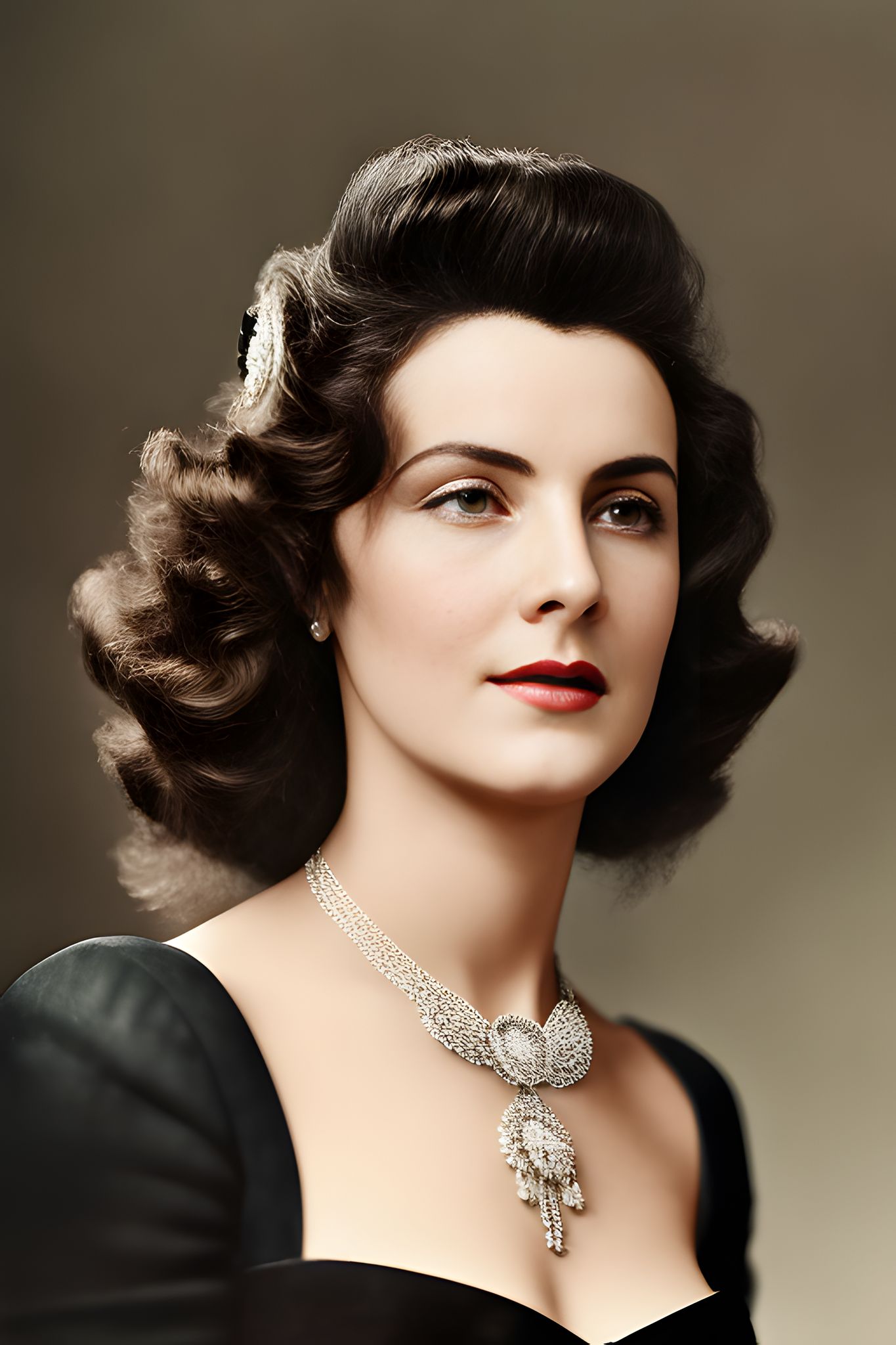 Portrait of a woman with dark, styled hair, wearing a black dress and a diamond necklace.