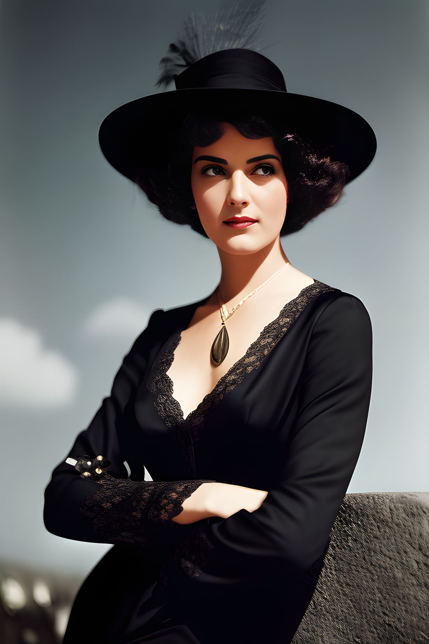 Portrait of a woman in a black hat and dress.