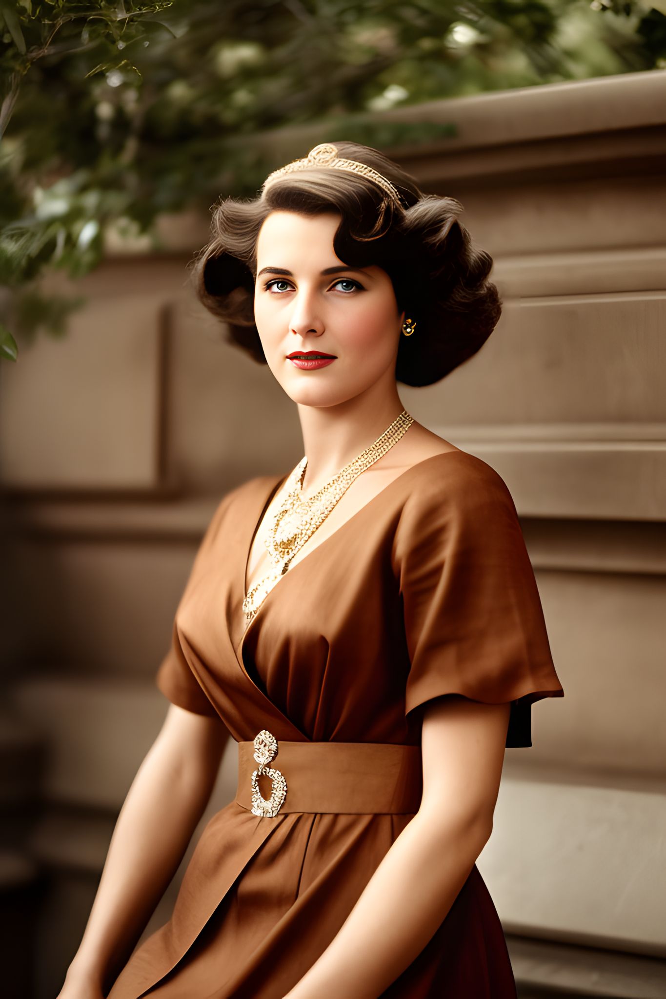 Portrait of a woman in a brown dress and gold jewelry.