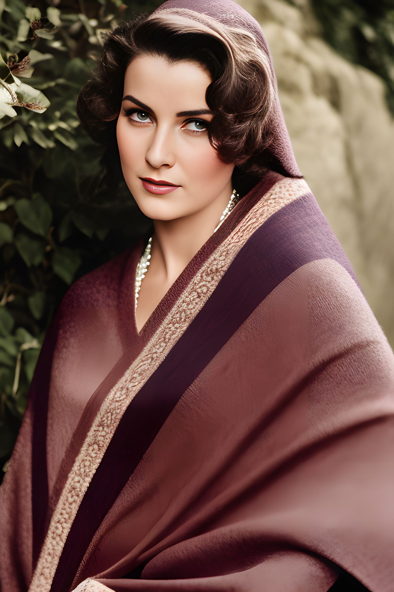 Portrait of a woman in a maroon shawl and pearl necklace.