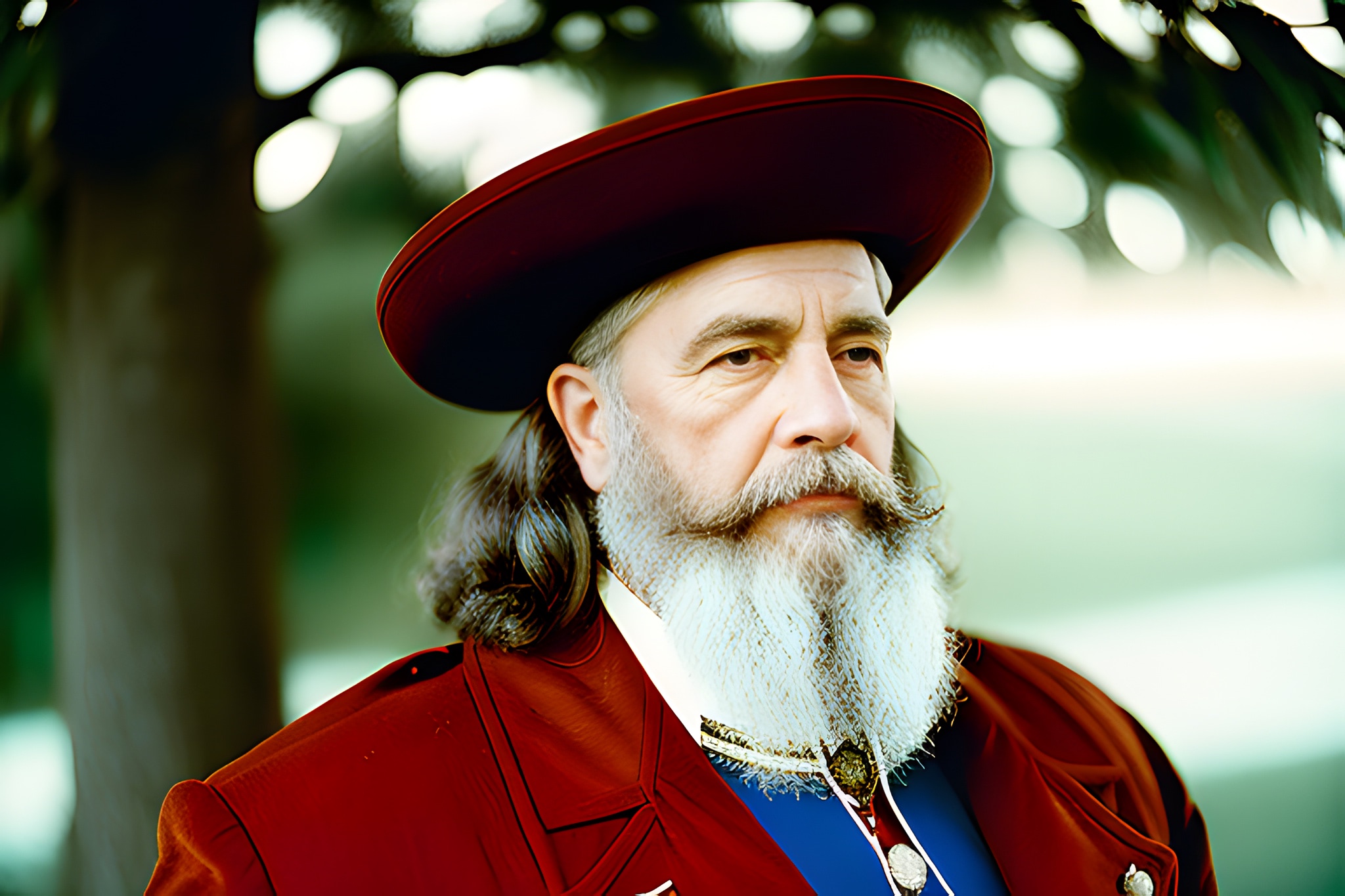 Portrait of a man with a long white beard wearing a red coat and hat.