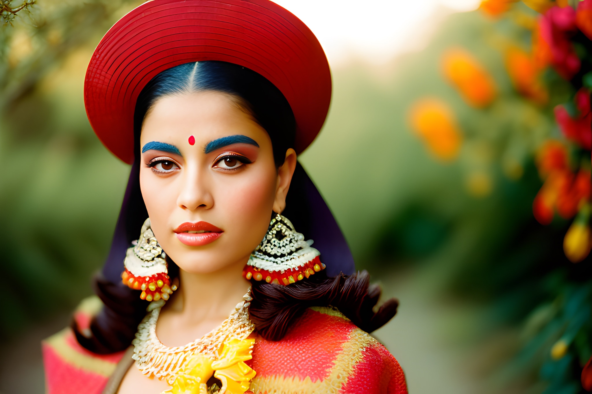 Portrait of a woman wearing a large red hat and ornate jewelry.