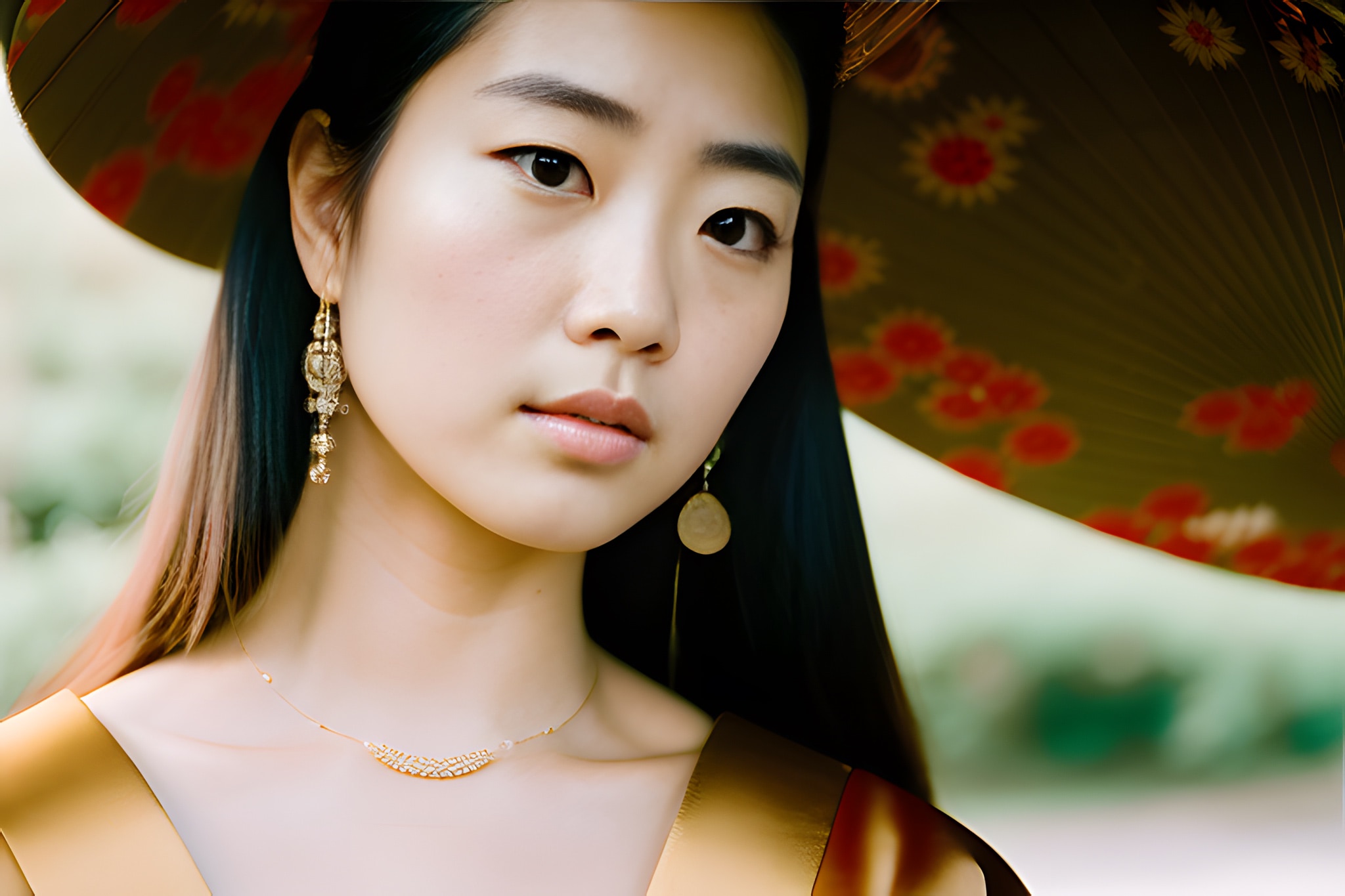 Portrait of a young woman wearing a gold dress, ornate earrings, and a patterned hat.