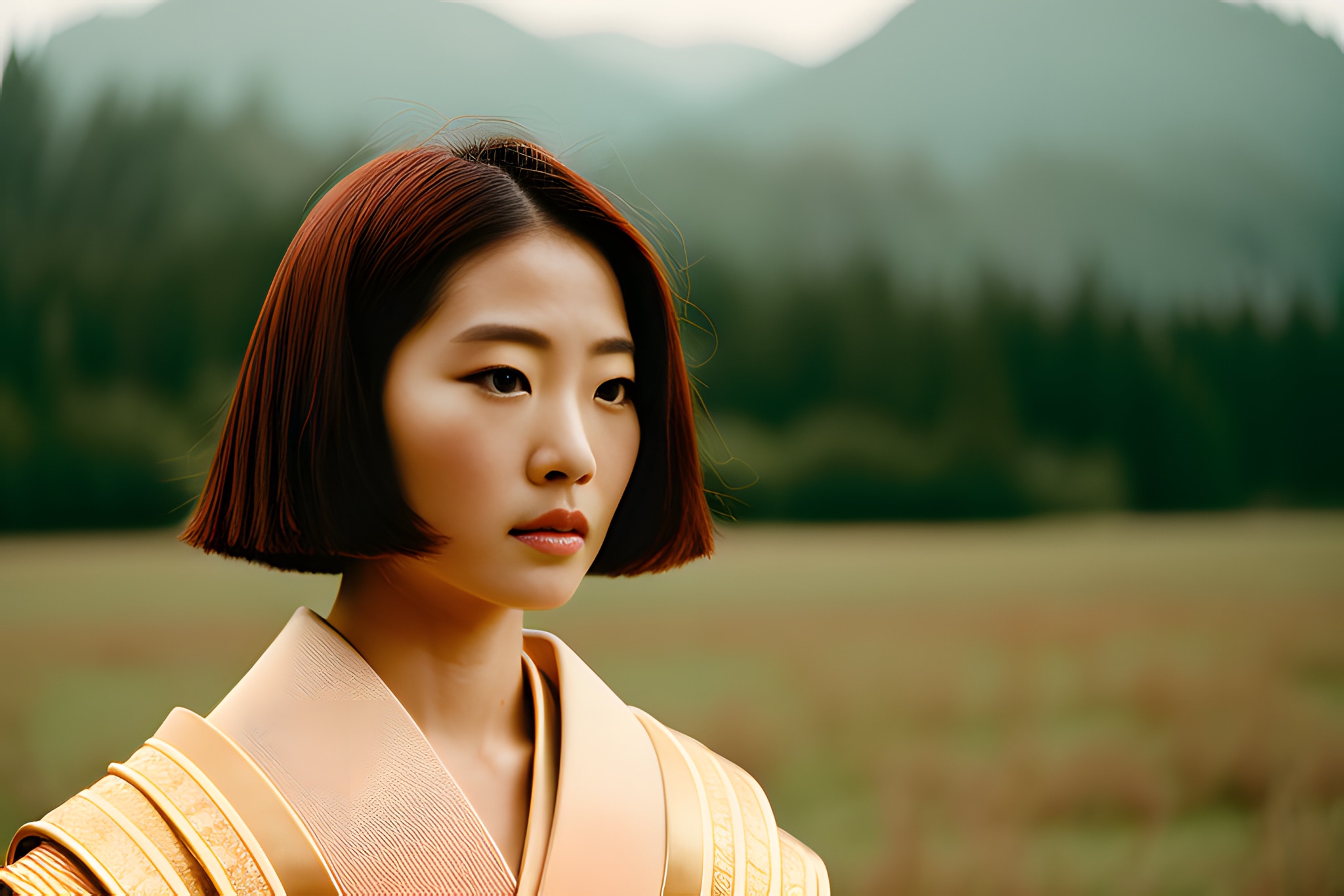 Close-up portrait of a young woman with auburn bob haircut, wearing a gold and beige kimono, set against a blurred mountain background.