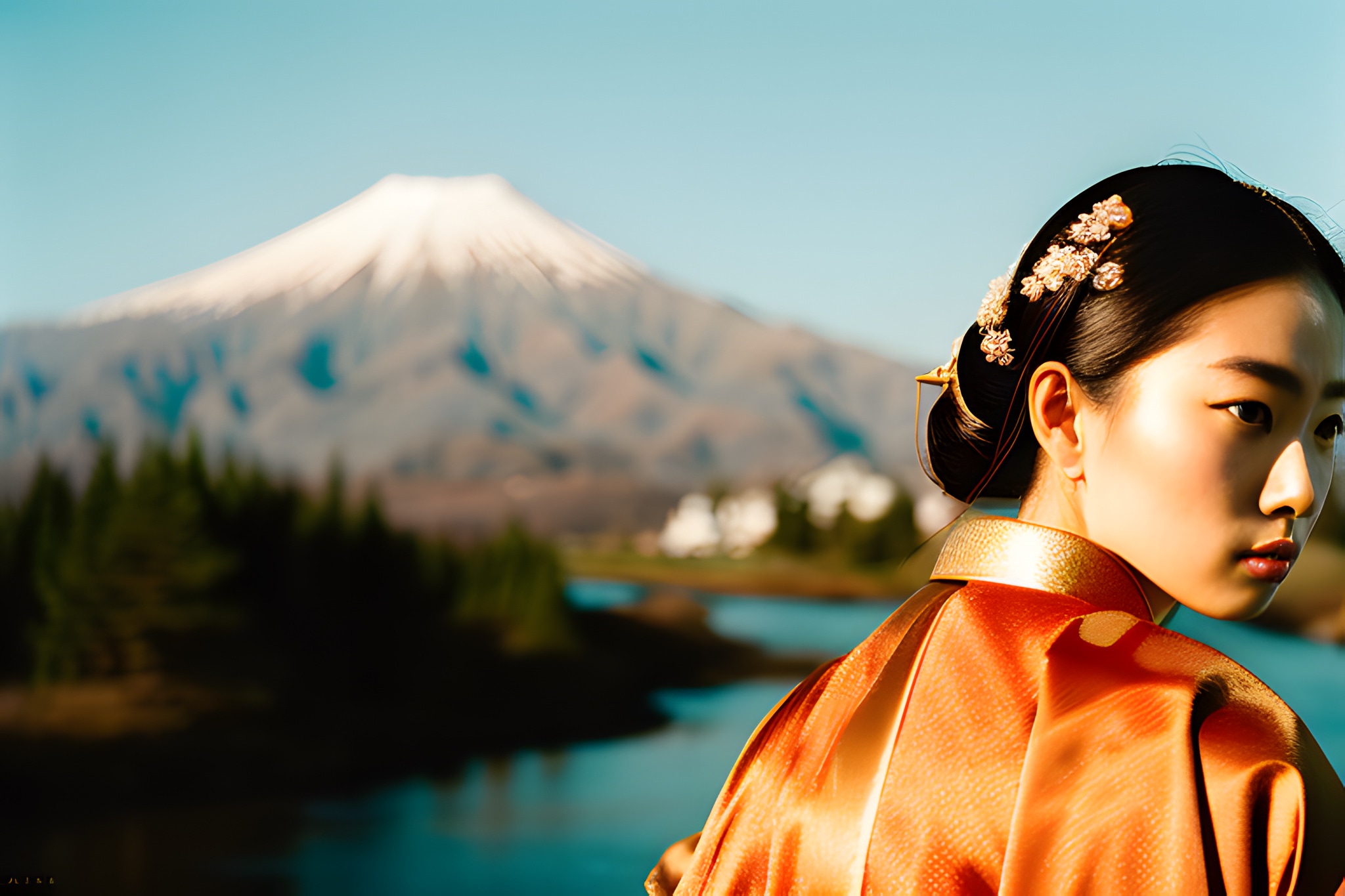 Woman in orange Hanbok with mountain in background.
