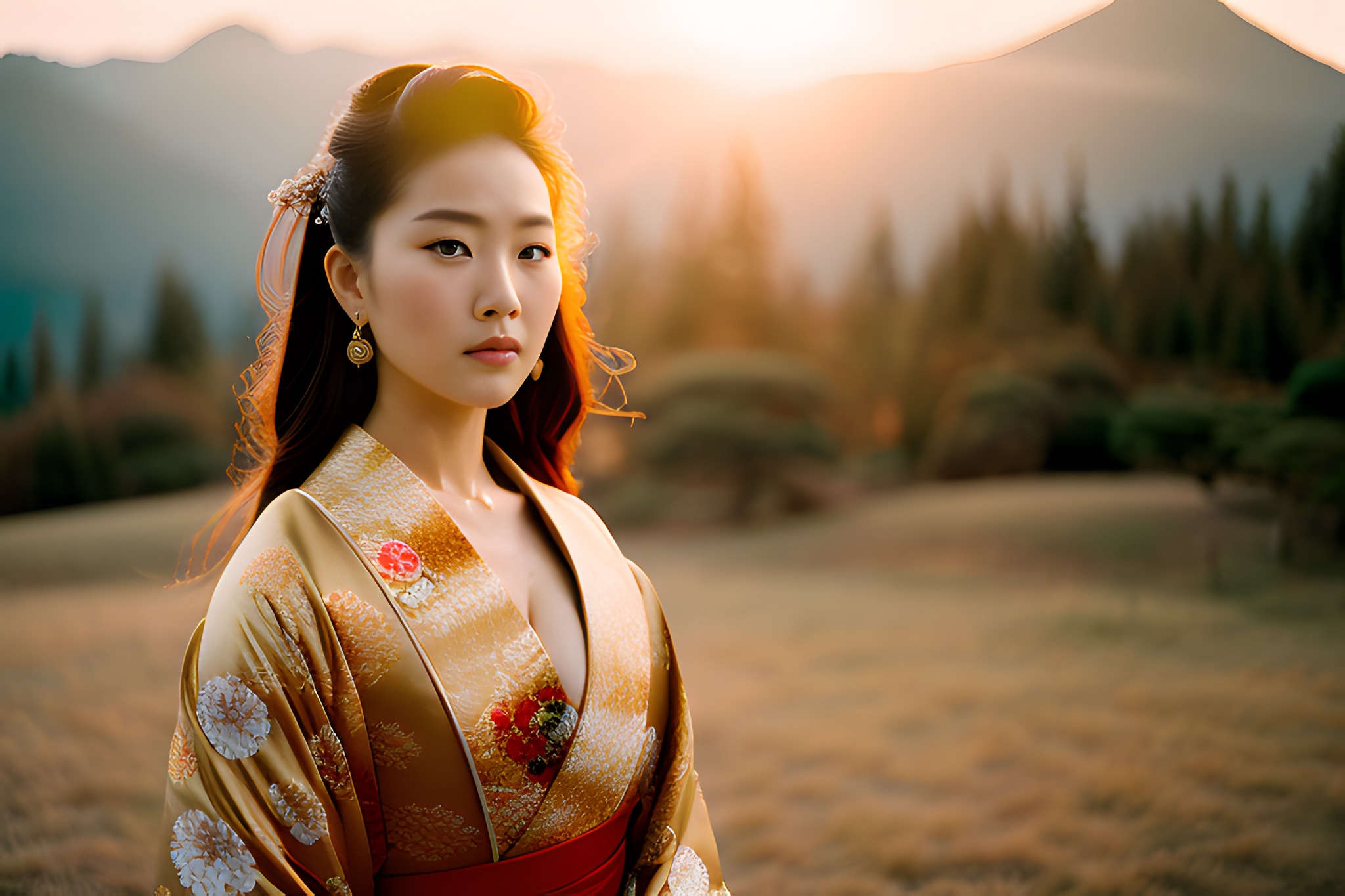 Woman in ornate gold kimono, outdoors at sunset.