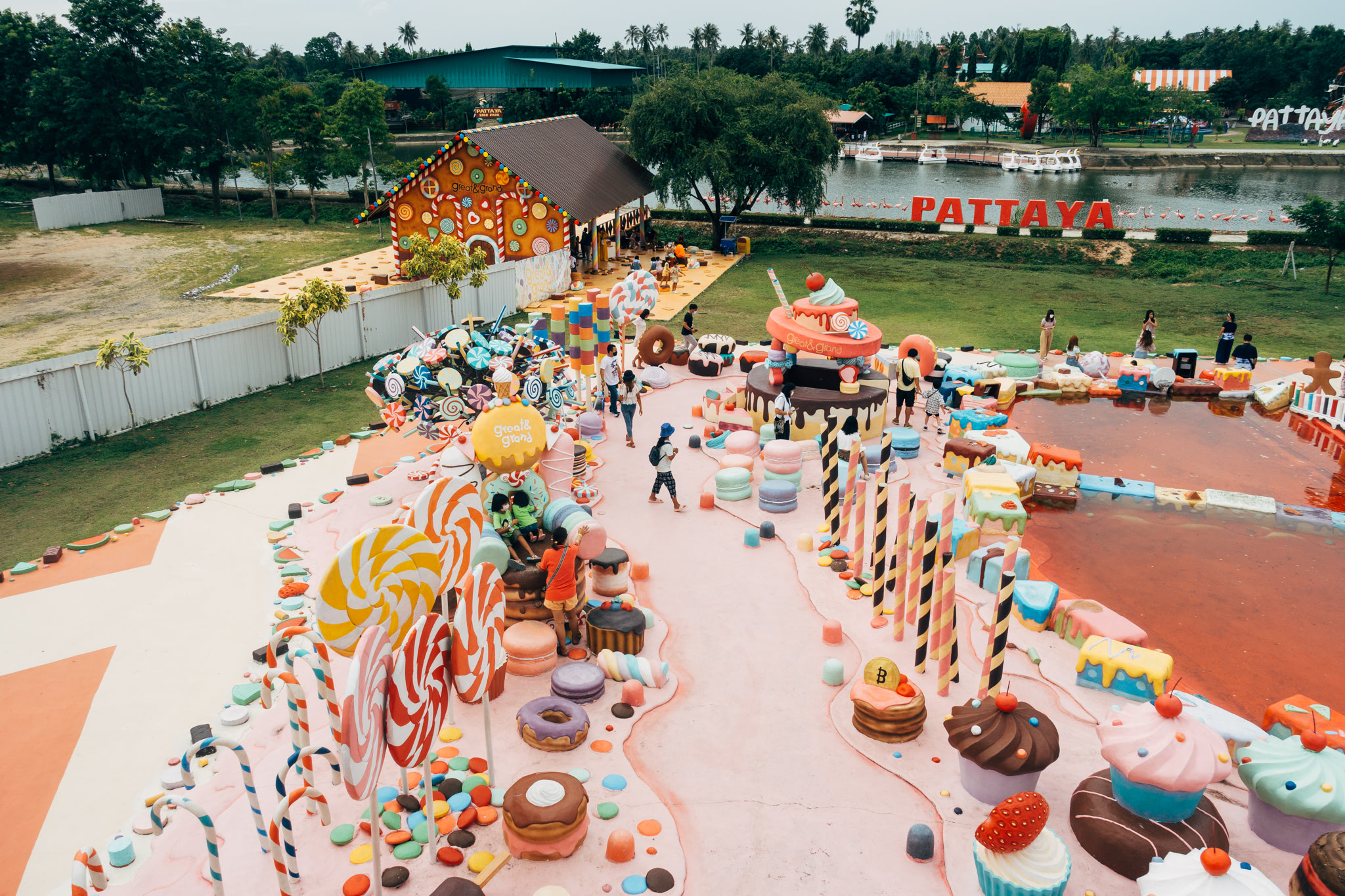 Aerial view of a candy-themed park in Pattaya, Thailand.