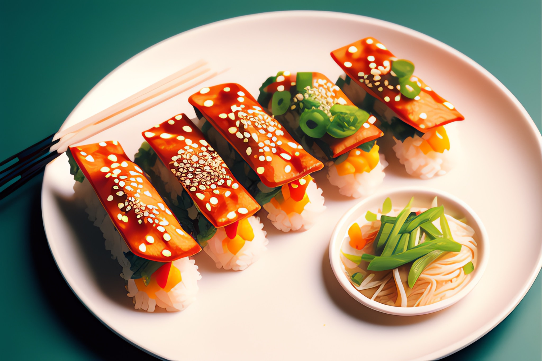 Five pieces of sushi topped with sesame seeds and a side of noodles.