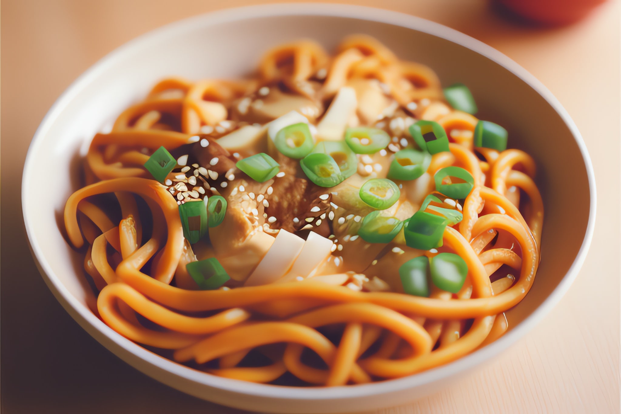Close-up of a bowl of udon noodles topped with sliced mushrooms, green onions, and sesame seeds.