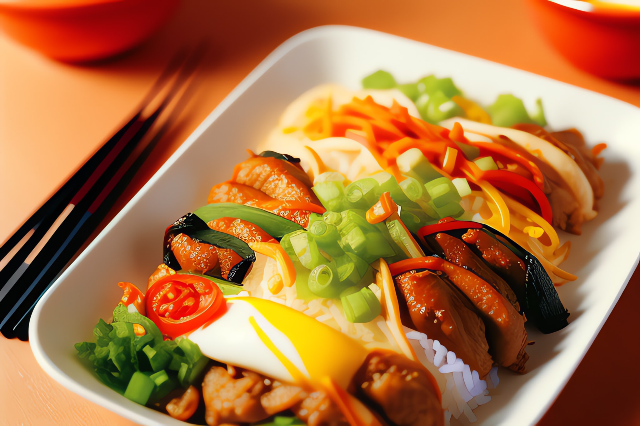 Korean food plate with meat, rice, egg, and vegetables.