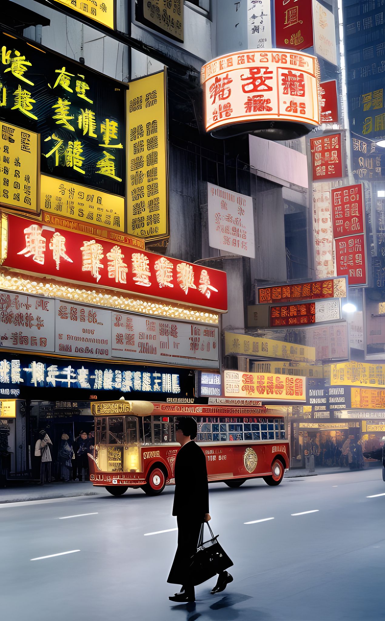A man walks down a Hong Kong street at night, passing a red bus and numerous neon signs in Chinese.
