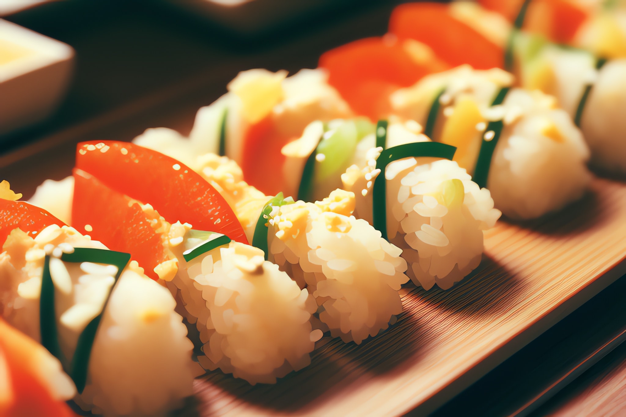 Close-up of sushi topped with tomato, cucumber, and a yellow sauce.