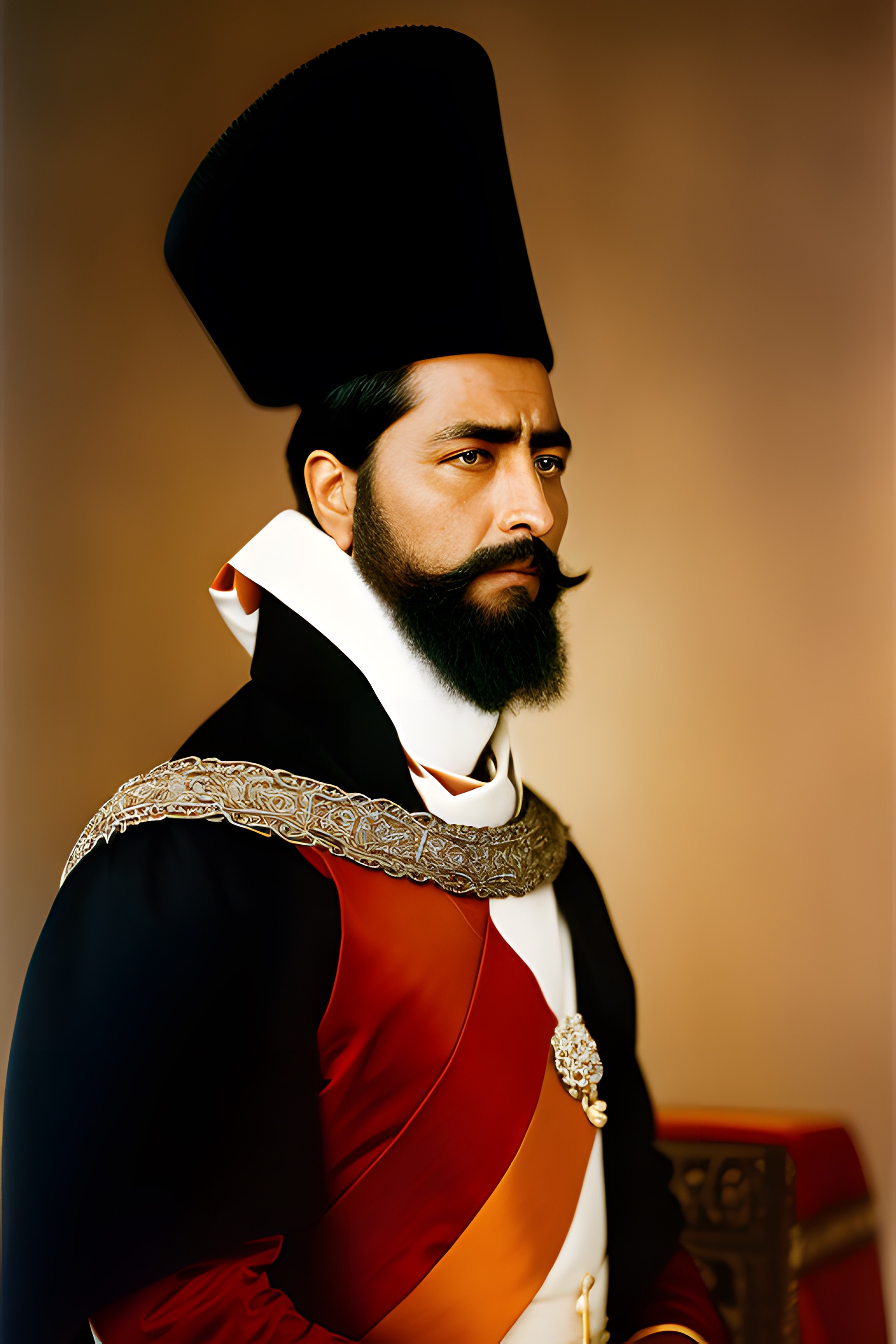 Portrait of a man in ornate historical Mexican king attire.