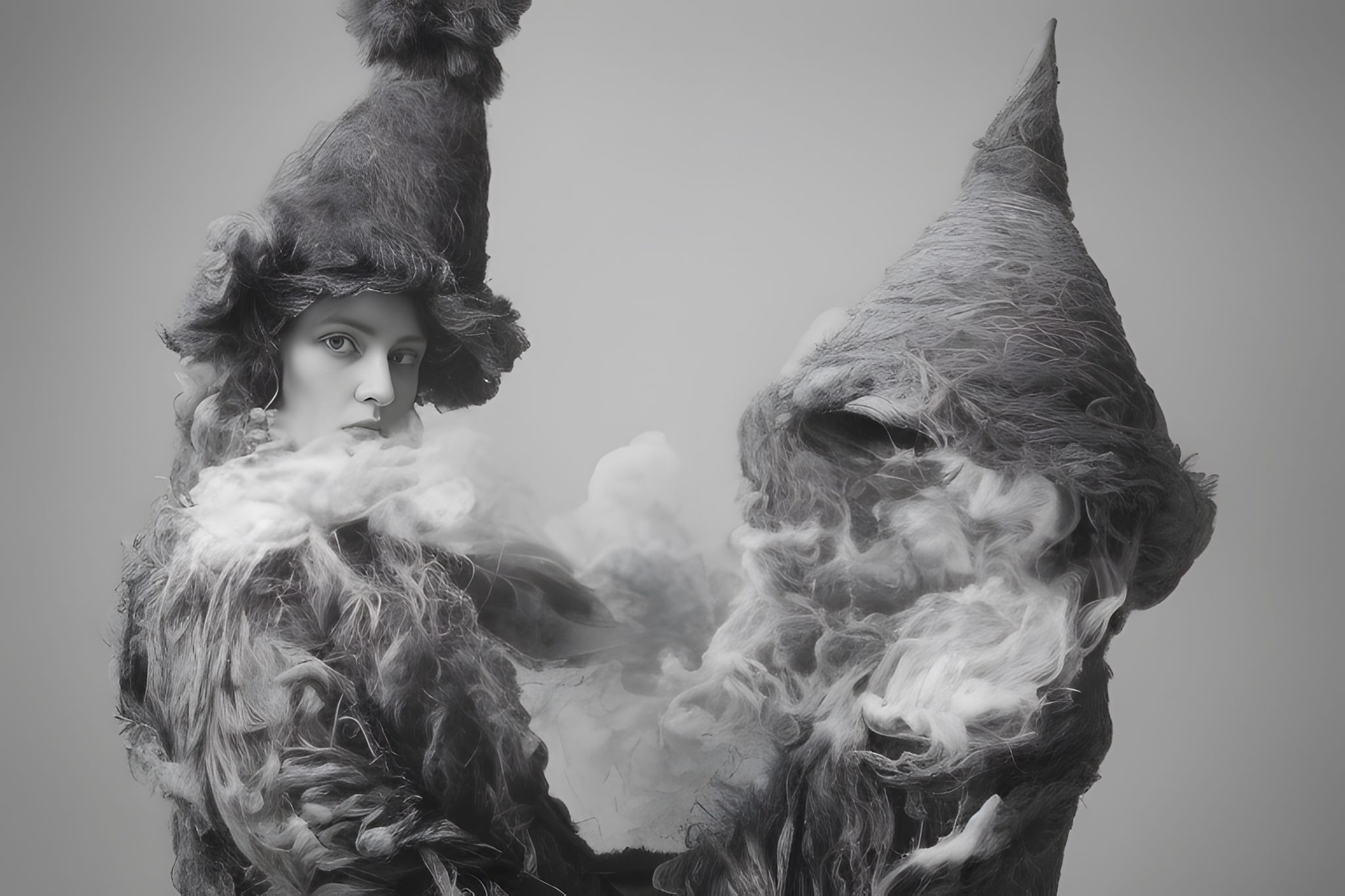 Black and white portrait of a woman in a furry hat and coat, partially obscured by smoke.