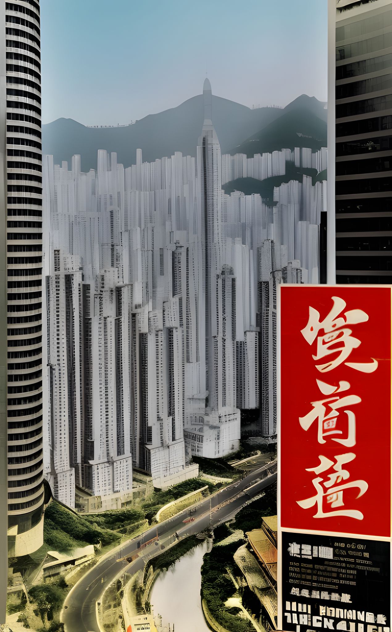 1980s Hong Kong cityscape with a red sign in Chinese.