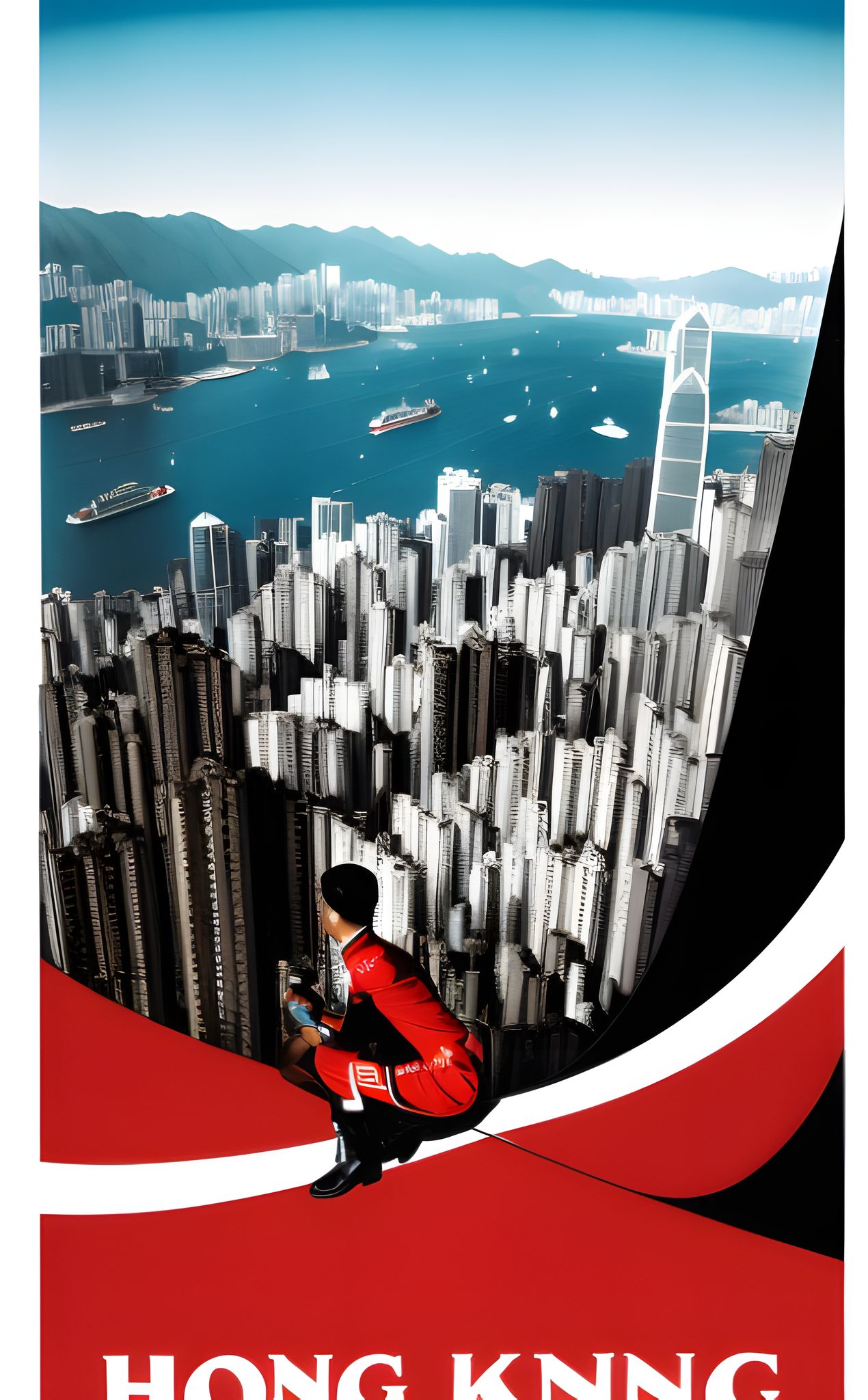 A 1990s Hong Kong propaganda poster featuring a person in a red uniform sitting on a curved red and white surface, overlooking a cityscape with Victoria Harbour.