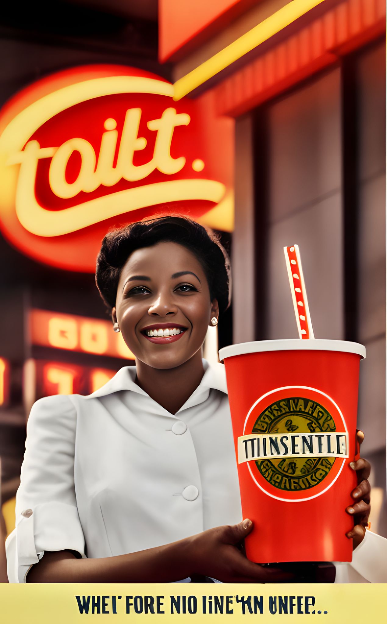 A smiling Black woman in a white uniform holds a large cup of 'Tüinsenfle' at a 'toit' fast-food restaurant.