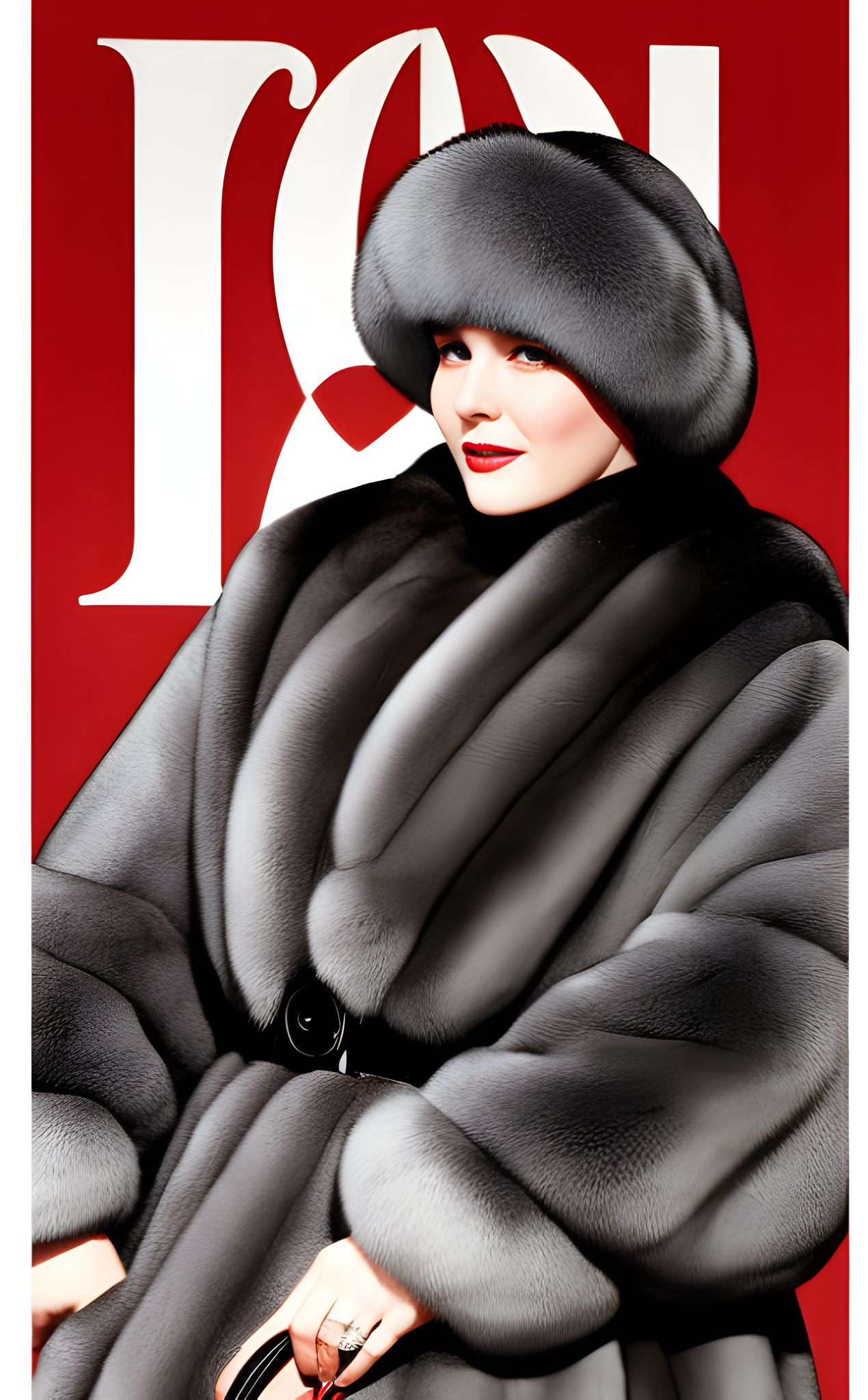Woman in a luxurious gray fur coat and matching hat against a red background.