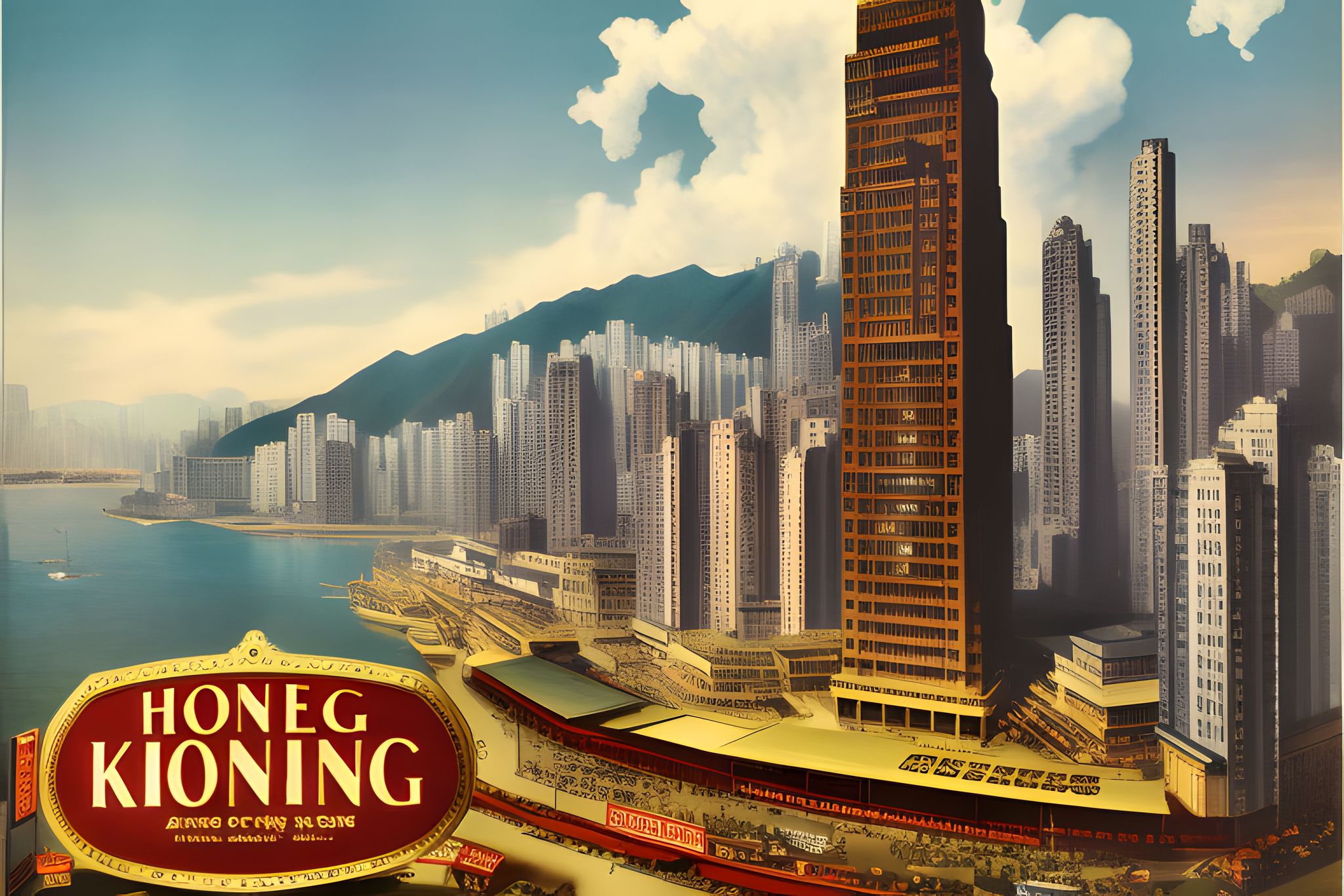 1920s Hong Kong cityscape with a prominent Art Deco style building and harbor.
