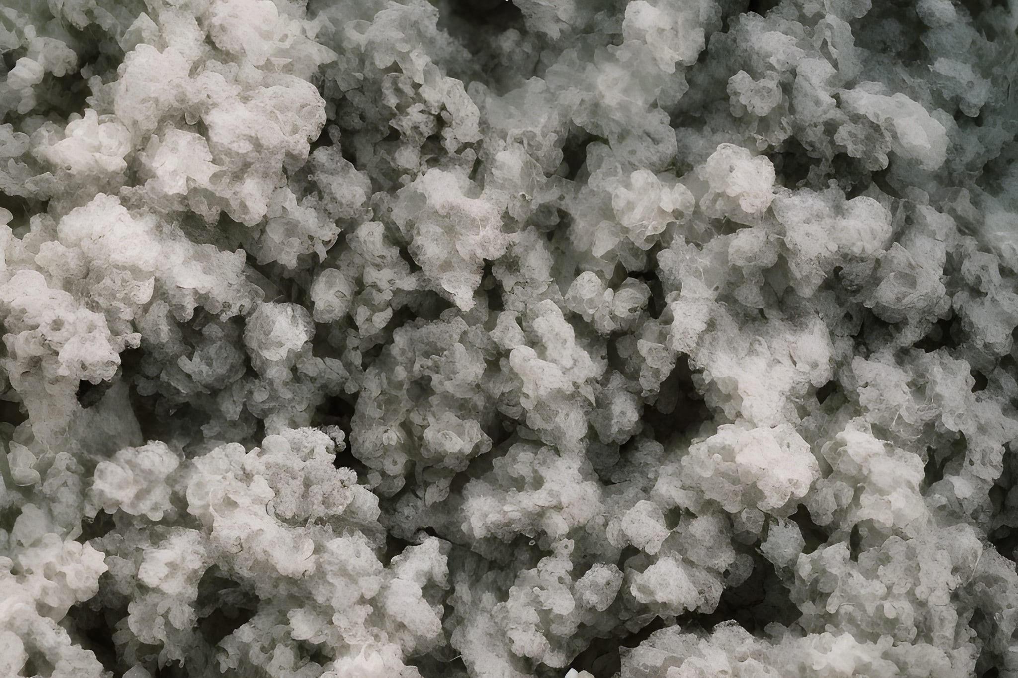 Black and white close-up photo of a mass of small, clustered, gray formations.