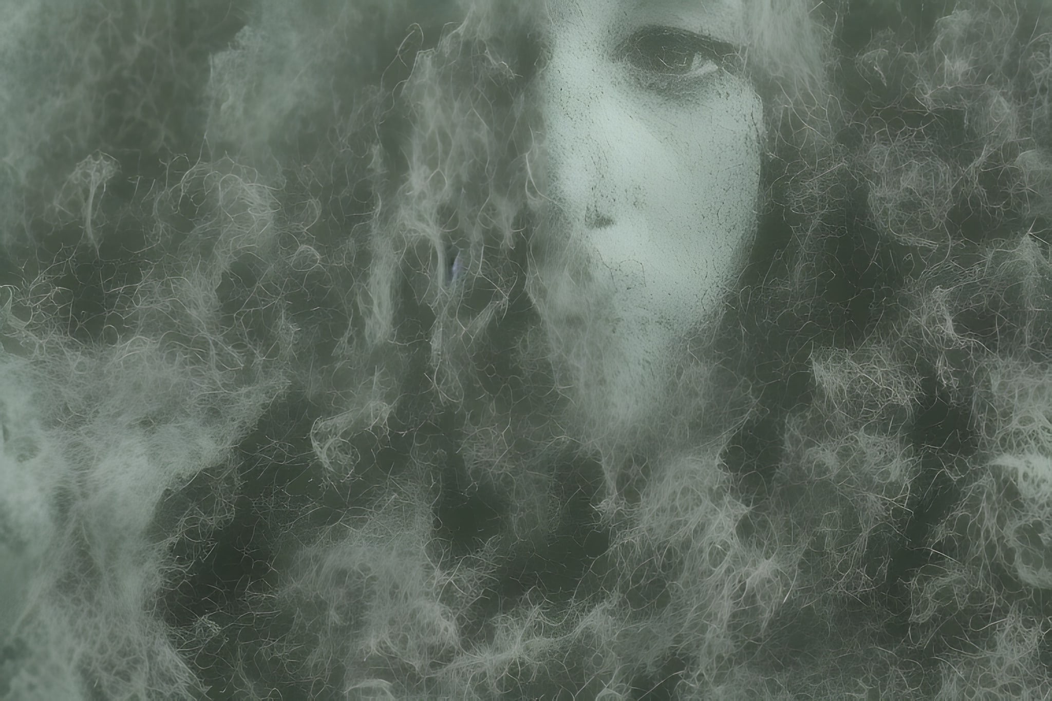 Abstract portrait of a woman's face obscured by wispy, smoke-like tendrils.