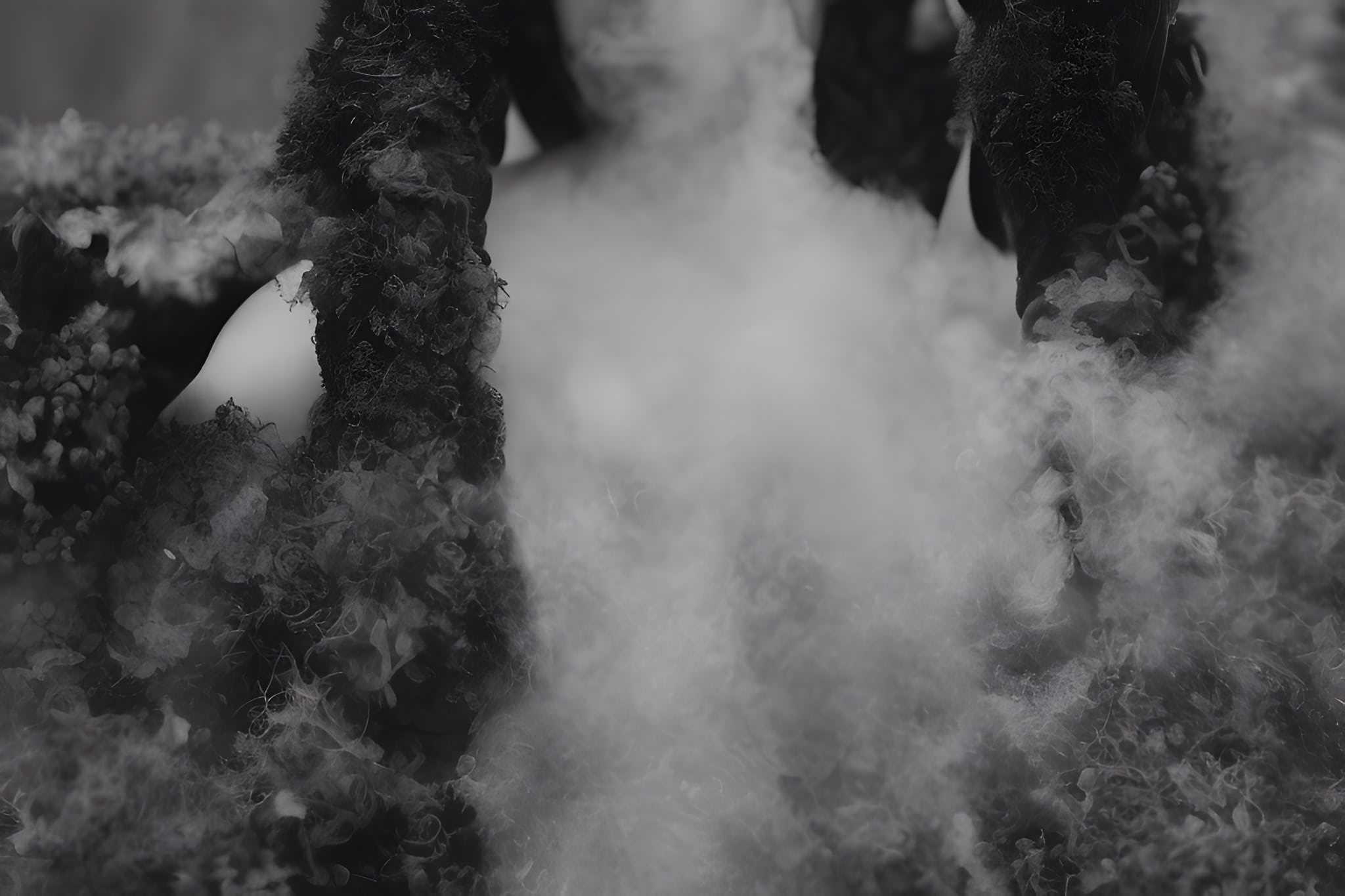 Black and white close-up of smoke billowing around dark, textured objects.