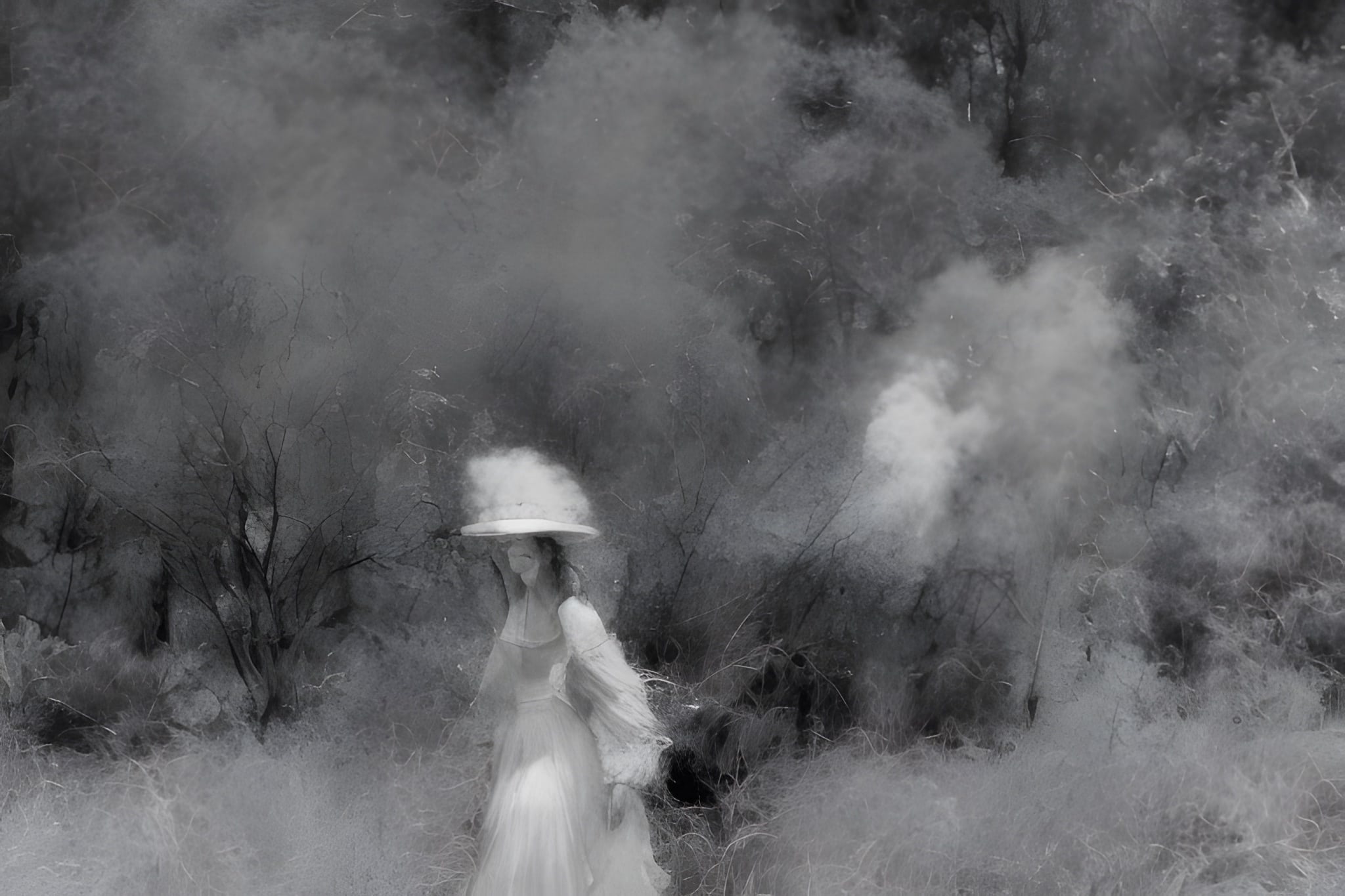 Woman in wide-brimmed hat and long dress walking through a smoky, grayscale forest.
