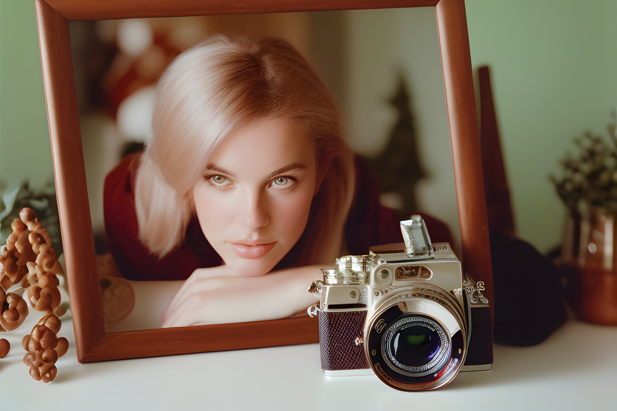 Framed photo of a young woman with blonde hair, next to a vintage camera.